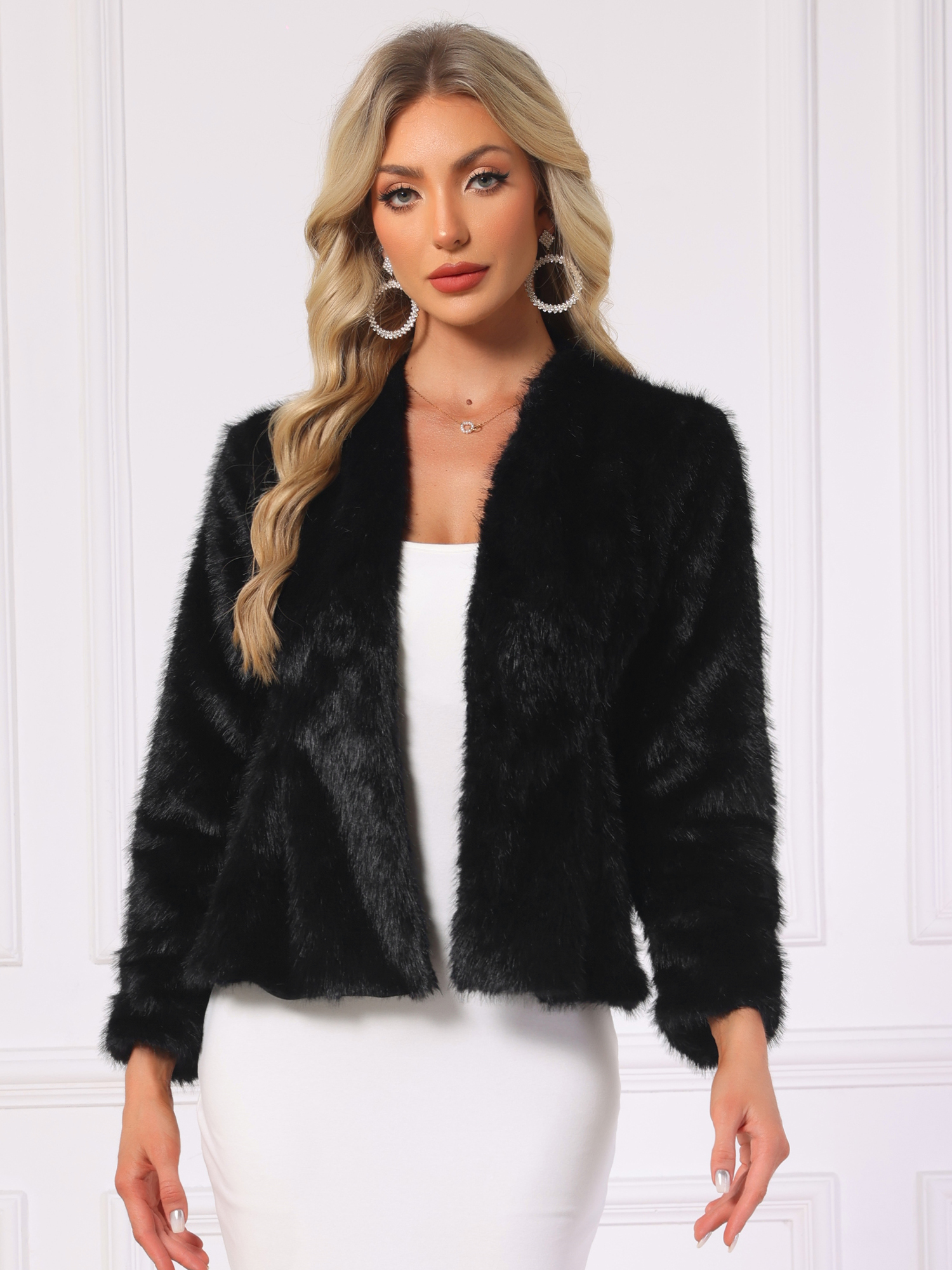 Faux Fur Long Sleeve Open Front Wedding Fluffy Coat Black/S