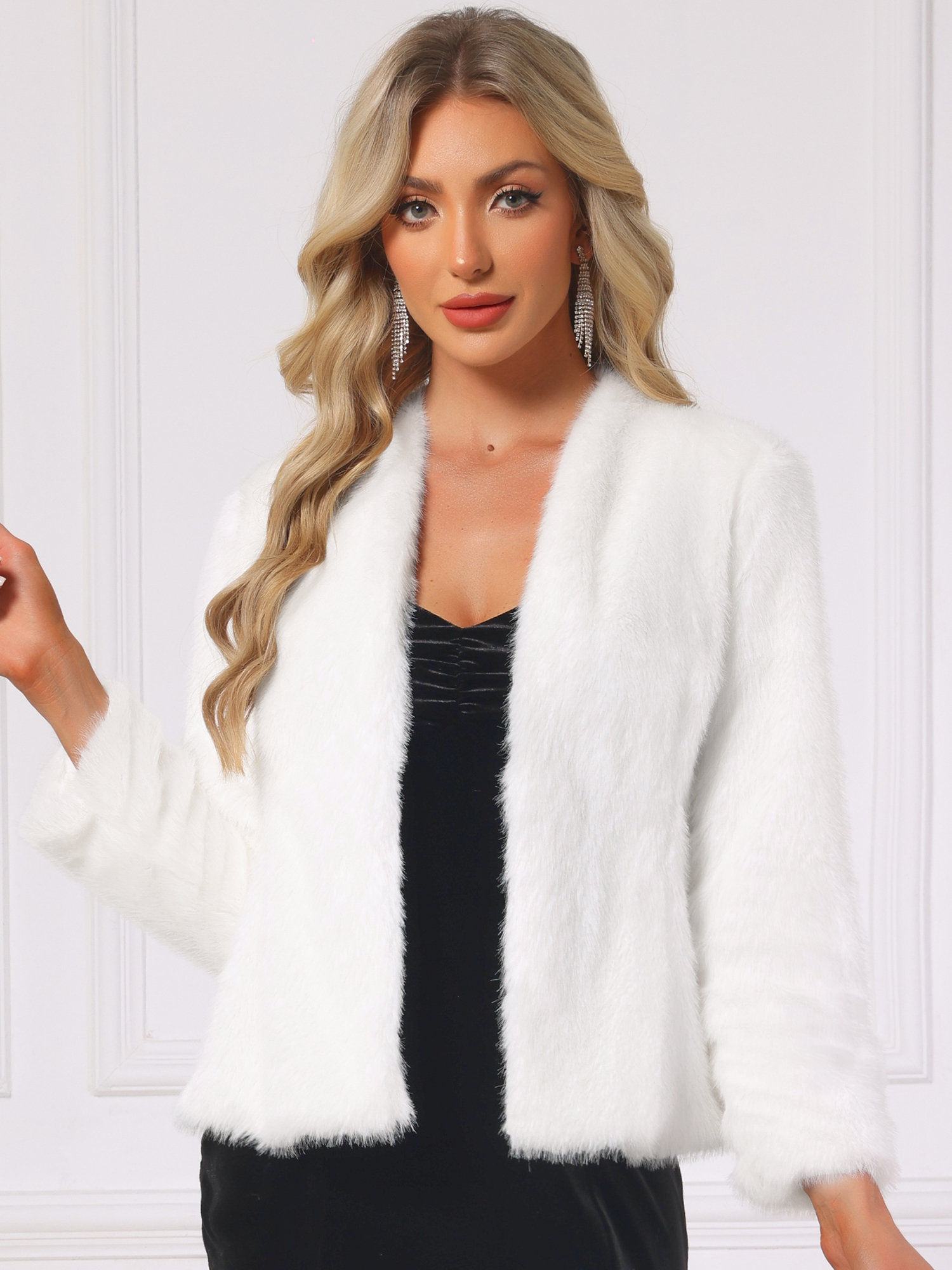 Faux Fur Long Sleeve Open Front Wedding Fluffy Coat White/XS