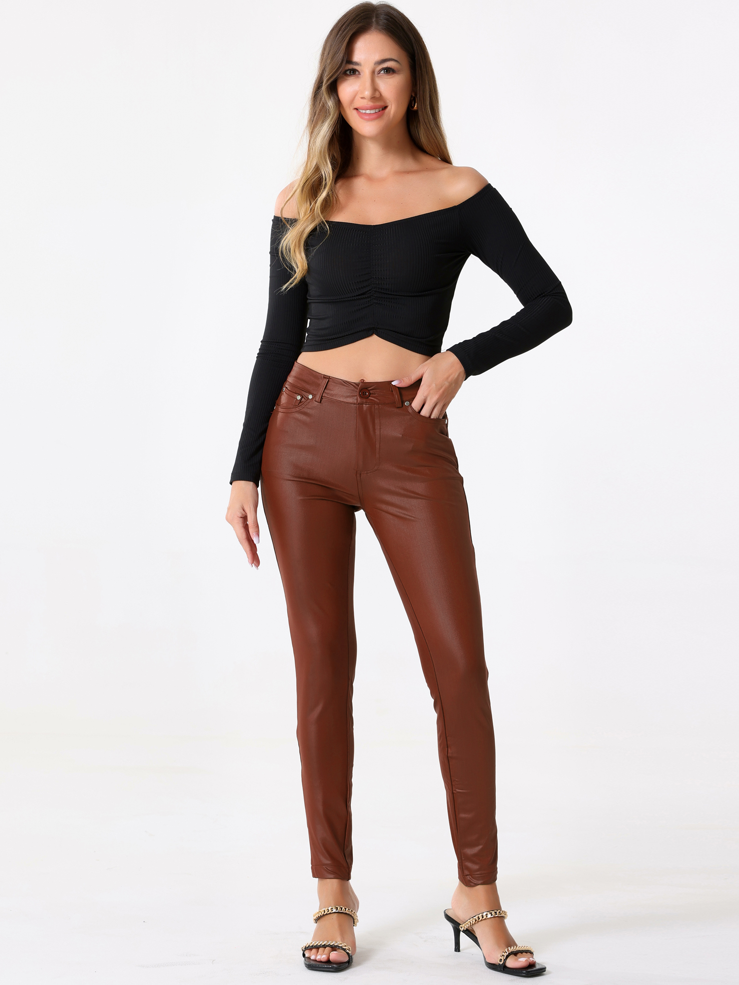 Faux Leather High Waist Stretch Slim Fit Motorcycle Legging Pants Brown/M