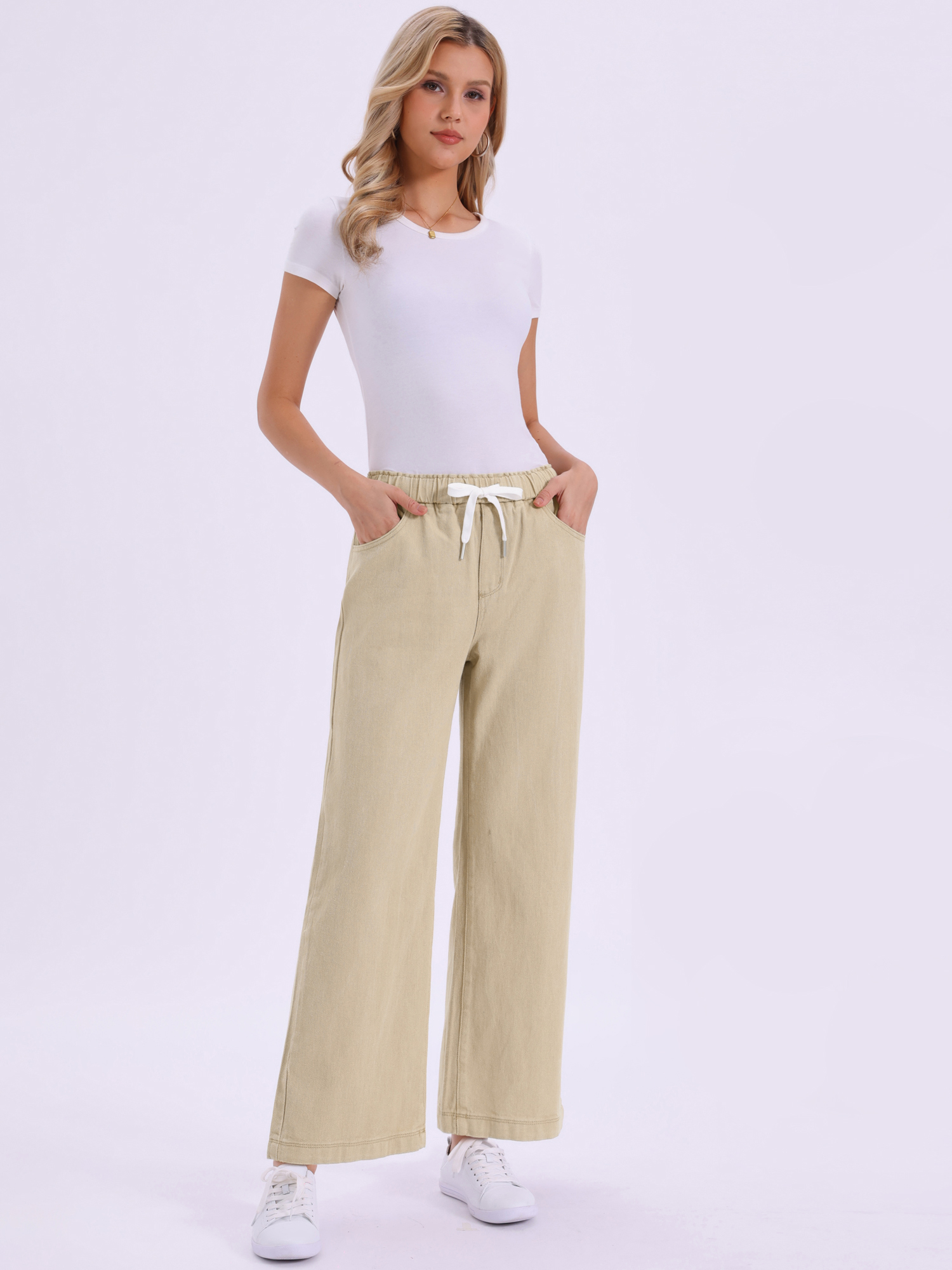 Casual Denim Pants Drawstring Elastic Waist Wide Legs Jeans Khaki/S