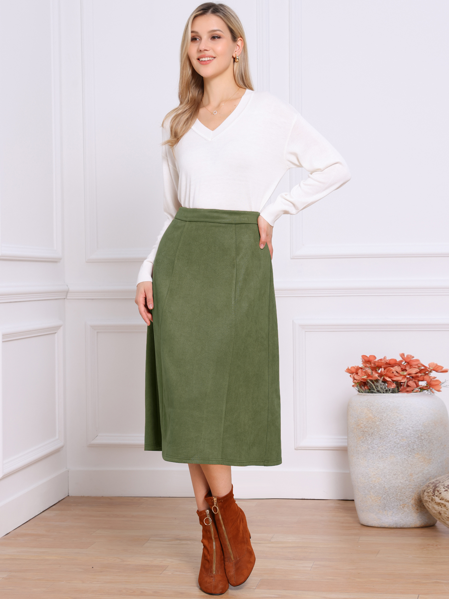 Faux Suede Casual A-Line Midi Skirts Dark Green/XS