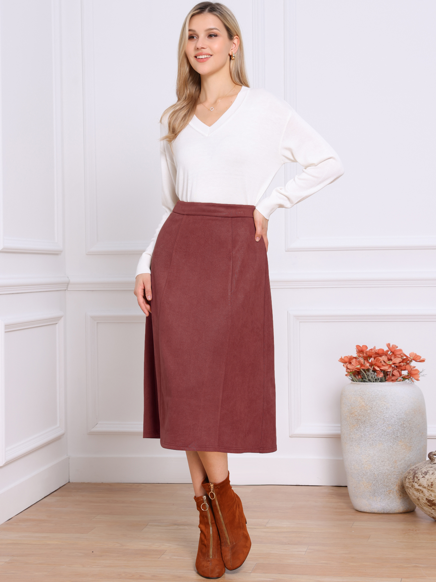 Faux Suede Casual A-Line Midi Skirts Reddish Brown/L