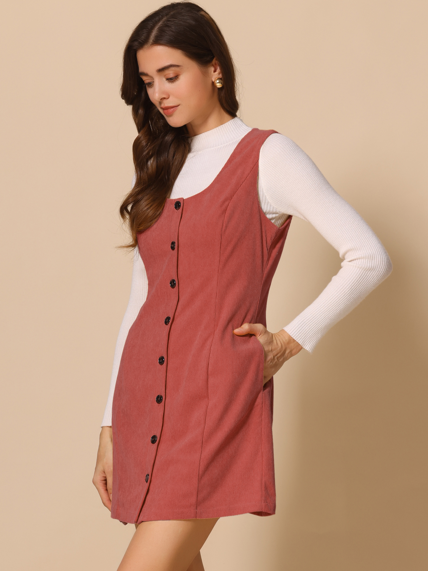 Corduroy Overall Scoop Neck Sleeveless Button Pinefore Dress Dark Orange/M