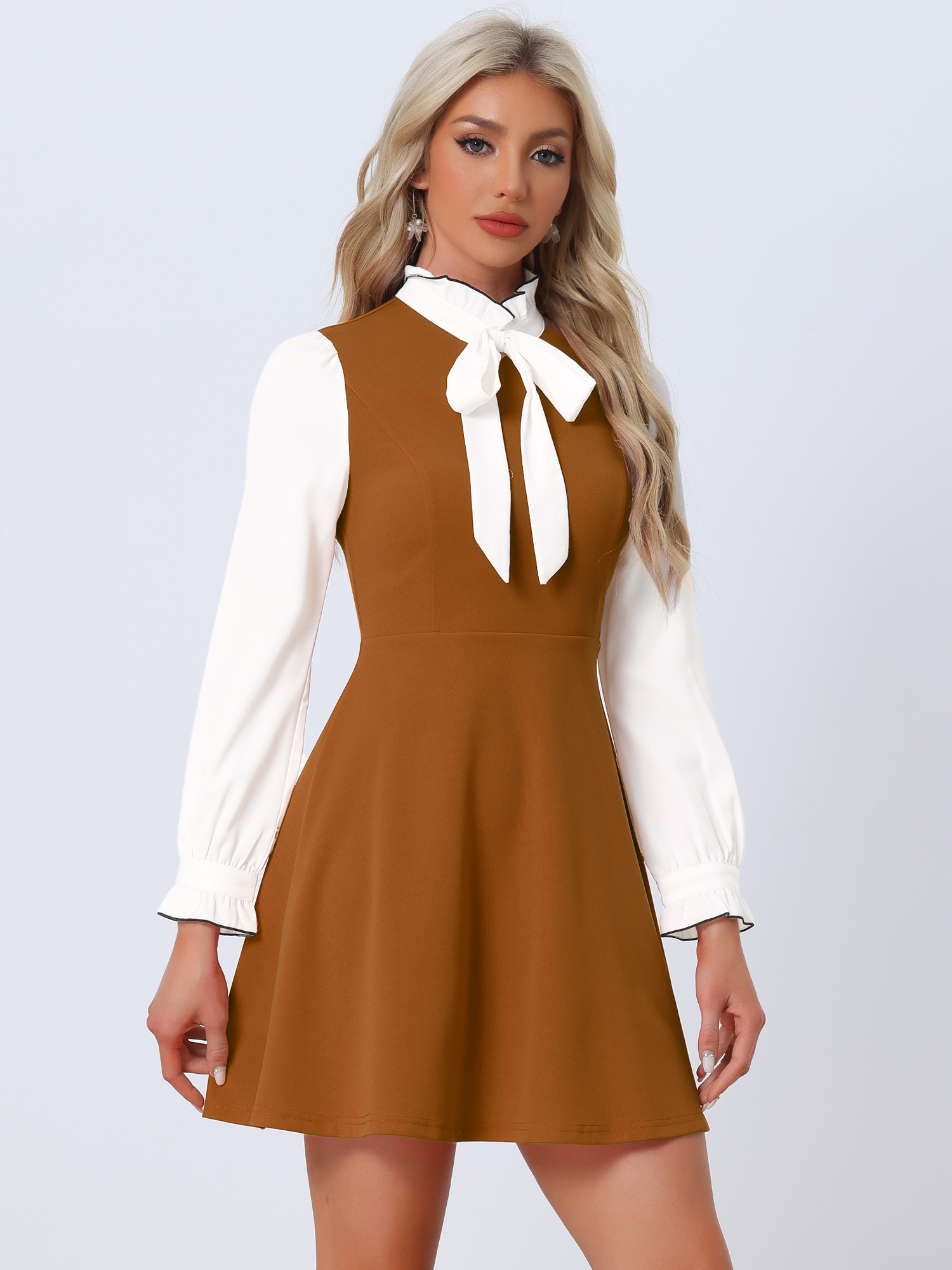 Patchwork Contrast Color Long Sleeve Tie Neck Mini Dress Brown/M