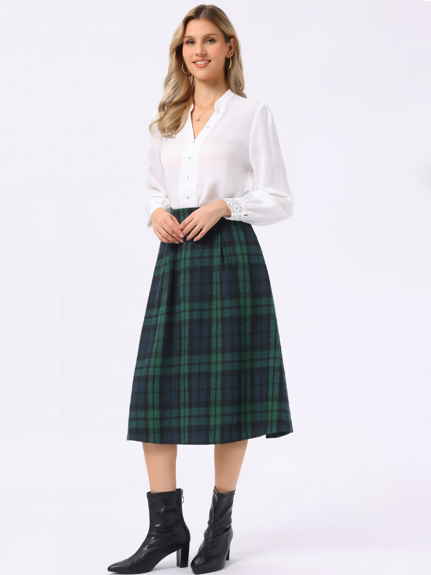 Plaid Vintage Pocketed Midi A-Line Skirt Dark Green/M