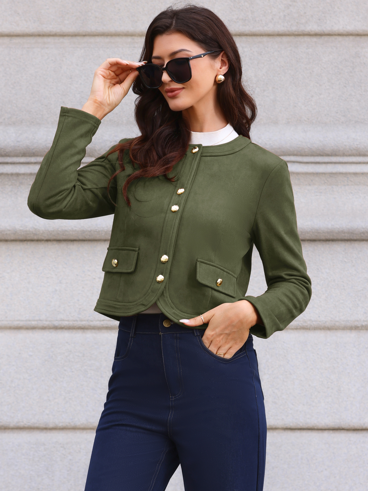 Crew Neck Long Sleeve Button Down Casual Cropped Jacket Olive Green/XL