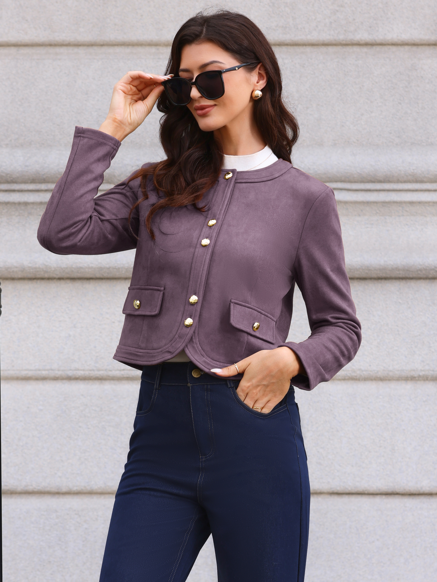 Crew Neck Long Sleeve Button Down Casual Cropped Jacket Purple/S