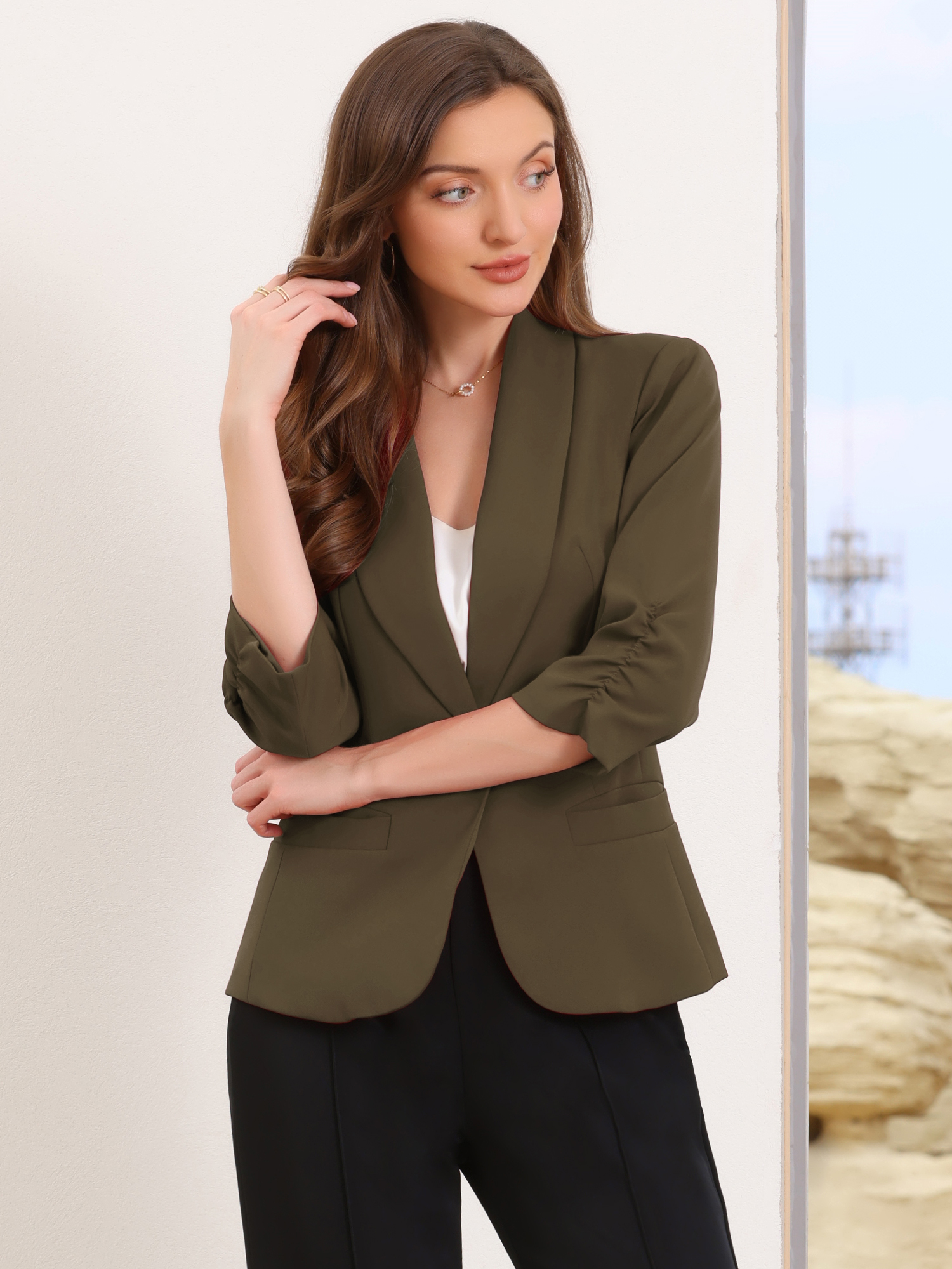 Shawl Lapel Ruched 3/4 Sleeves Pocketed Single Button Office Blazer Dark brown/S