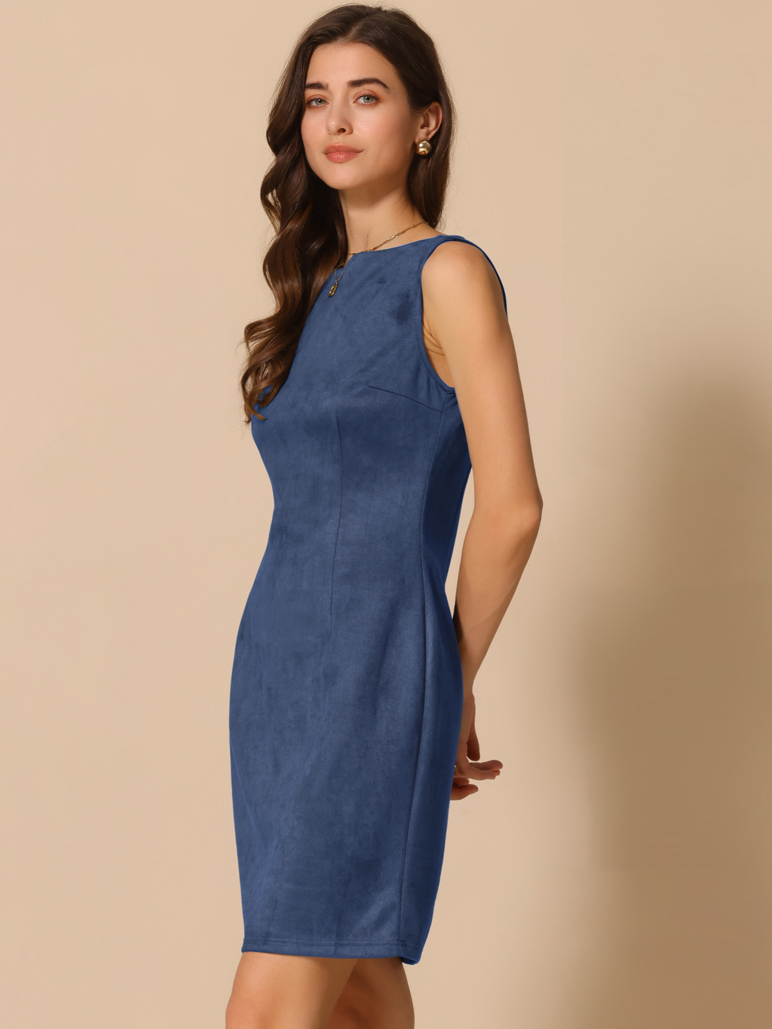 Faux Suede Boat Neck Sleeveless Sheath Midi Dress Dark Blue/M