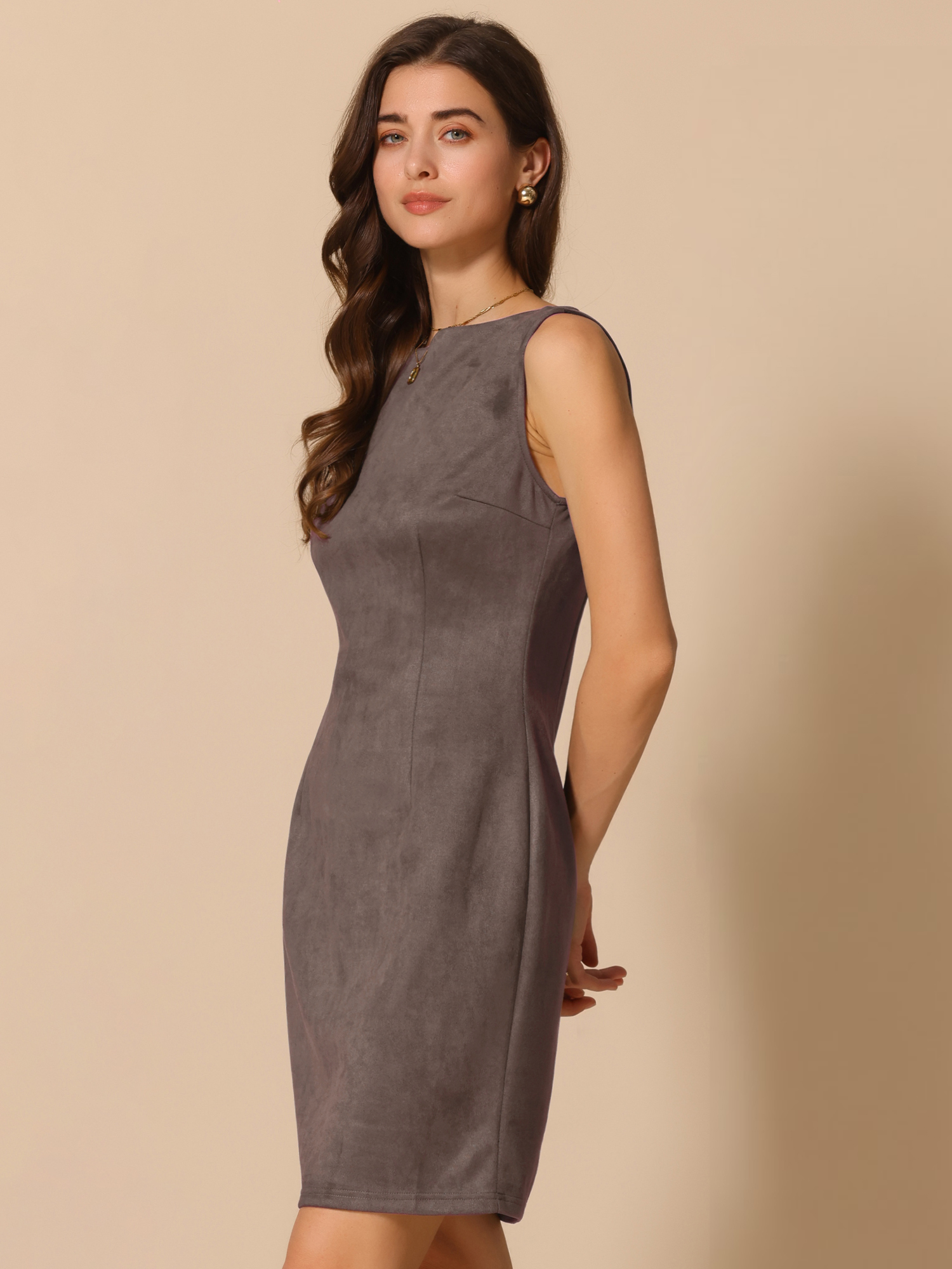 Faux Suede Boat Neck Sleeveless Sheath Midi Dress Coffee Brown/M