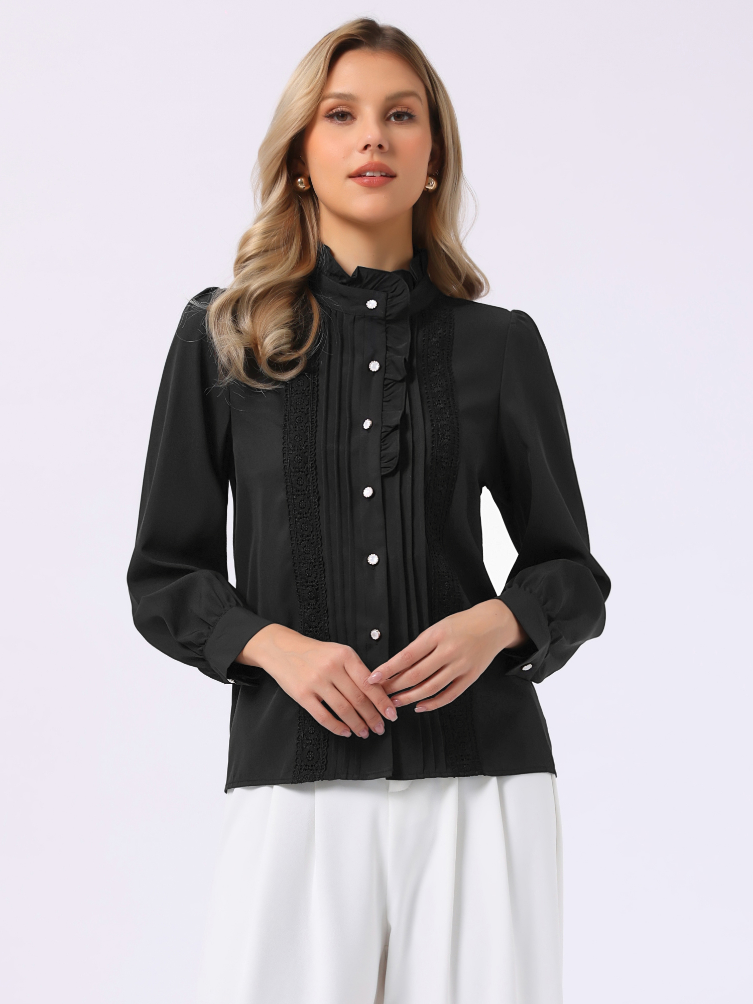Ruffled Button Down Long Sleeve Work Shirts Black/XL