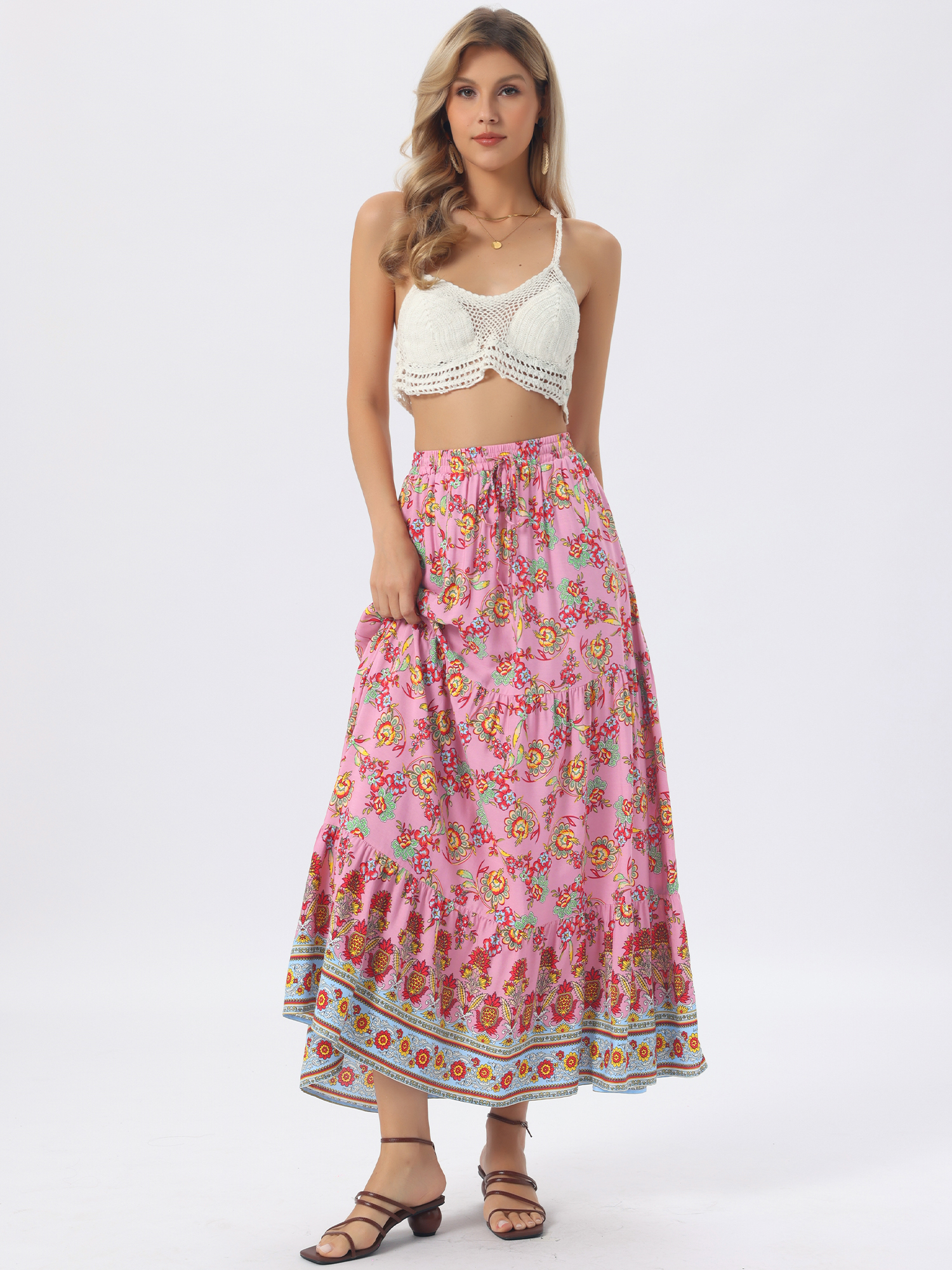 Boho Casual Bohemian Floral Printed Elastic Waist Maxi Skirt Dark Pink/L