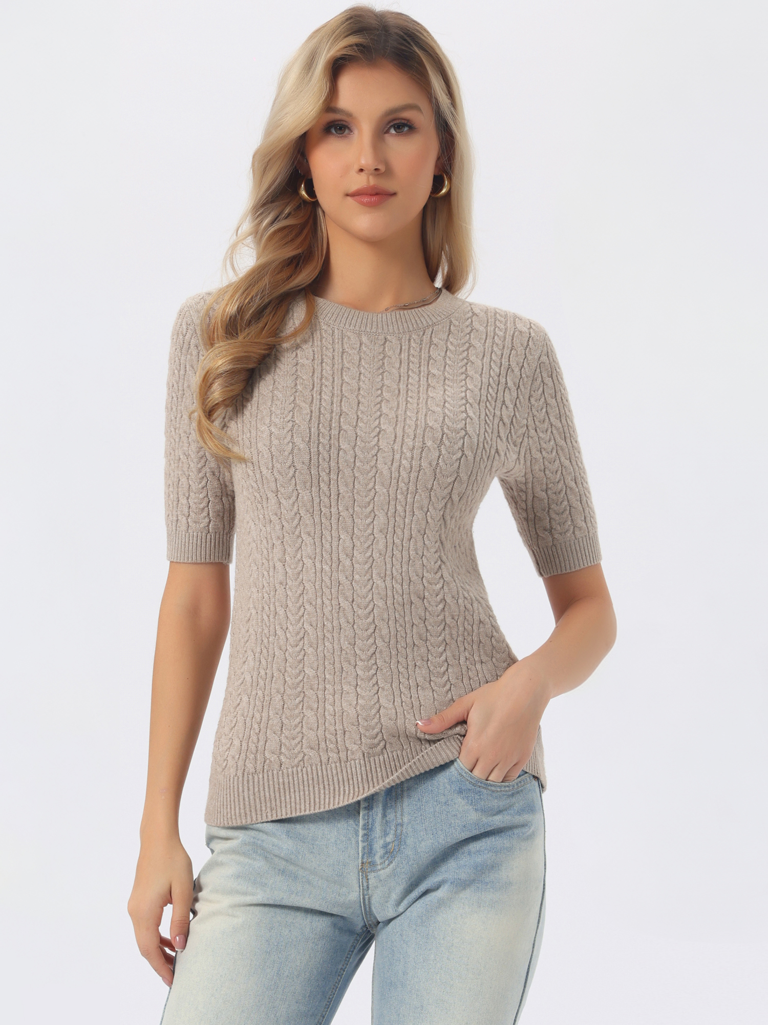 Short Sleeve Crew Neck Knit Casual Sweater Top Camel/M