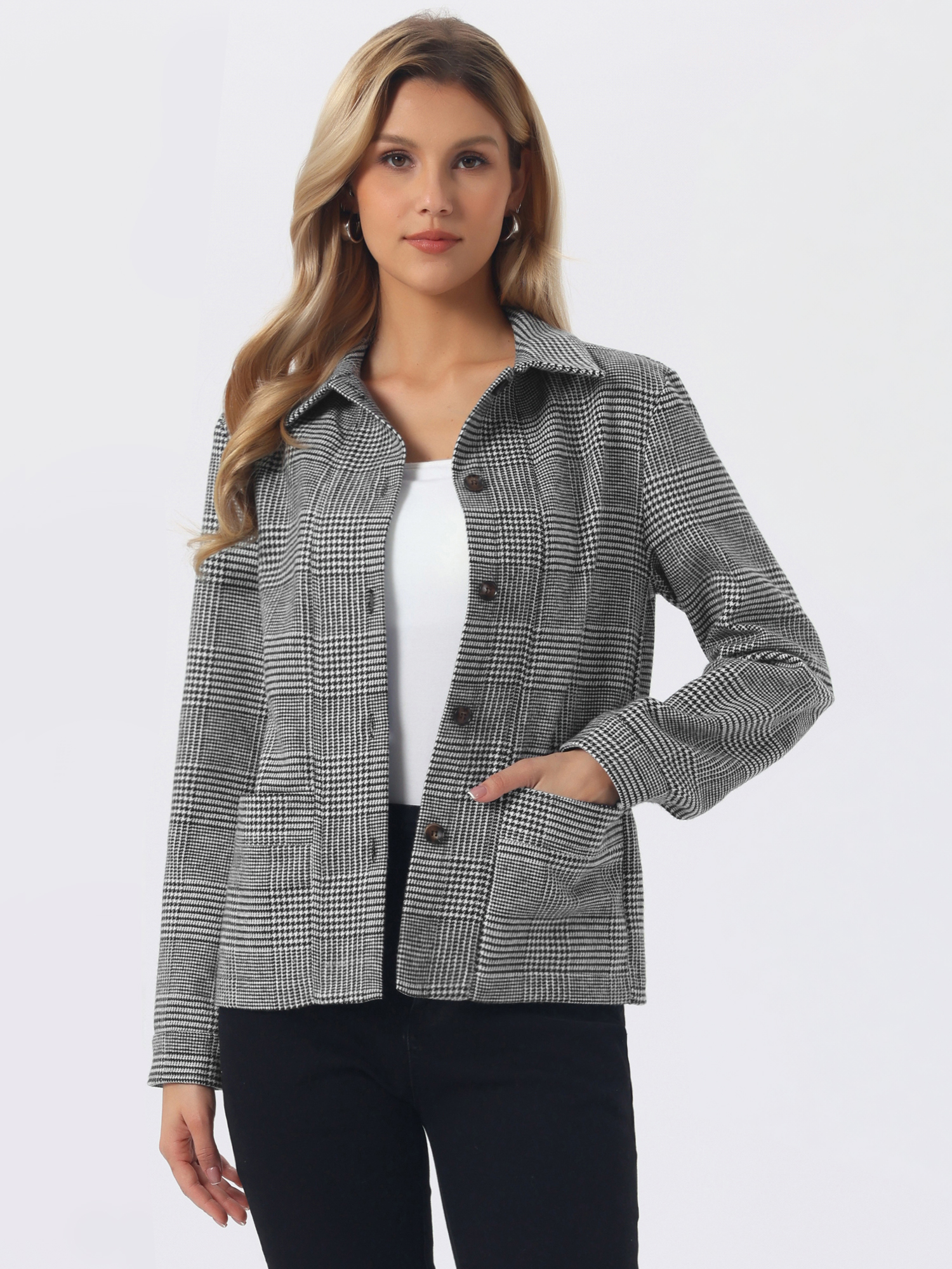 Casual Lapel Long Sleeve Plaid Button Down Jacket Black/XS