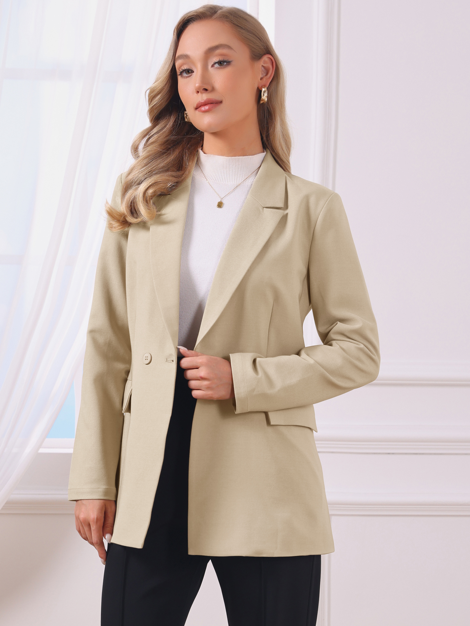Long Sleeve Collared Business Casual Belted Work Blazer Khaki/L