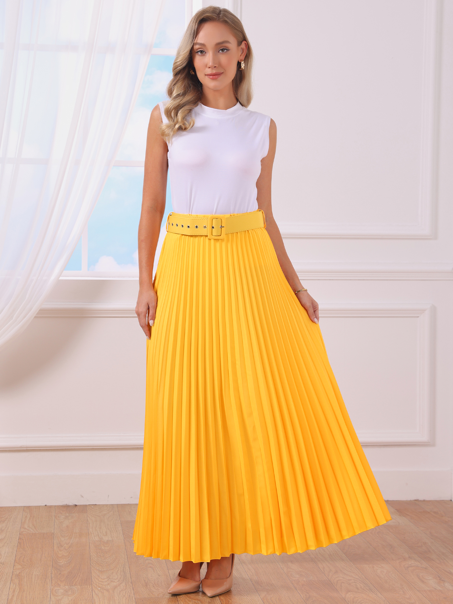 Flowy Pleated Elastic High Waist Belted Swing A-line Maxi Skirt Yellowish Orange/XL