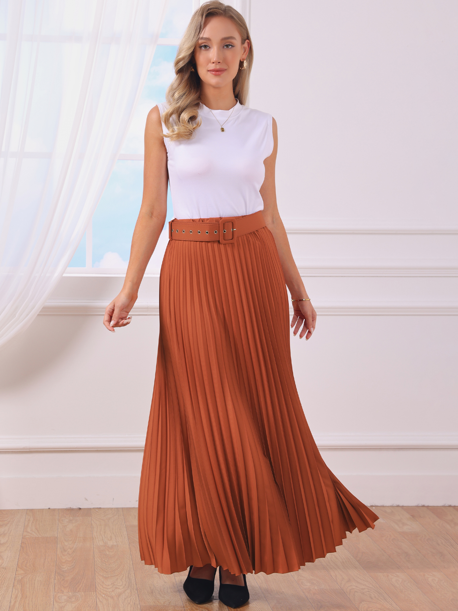 Flowy Pleated Elastic High Waist Belted Swing A-line Maxi Skirt Reddish Brown/XL
