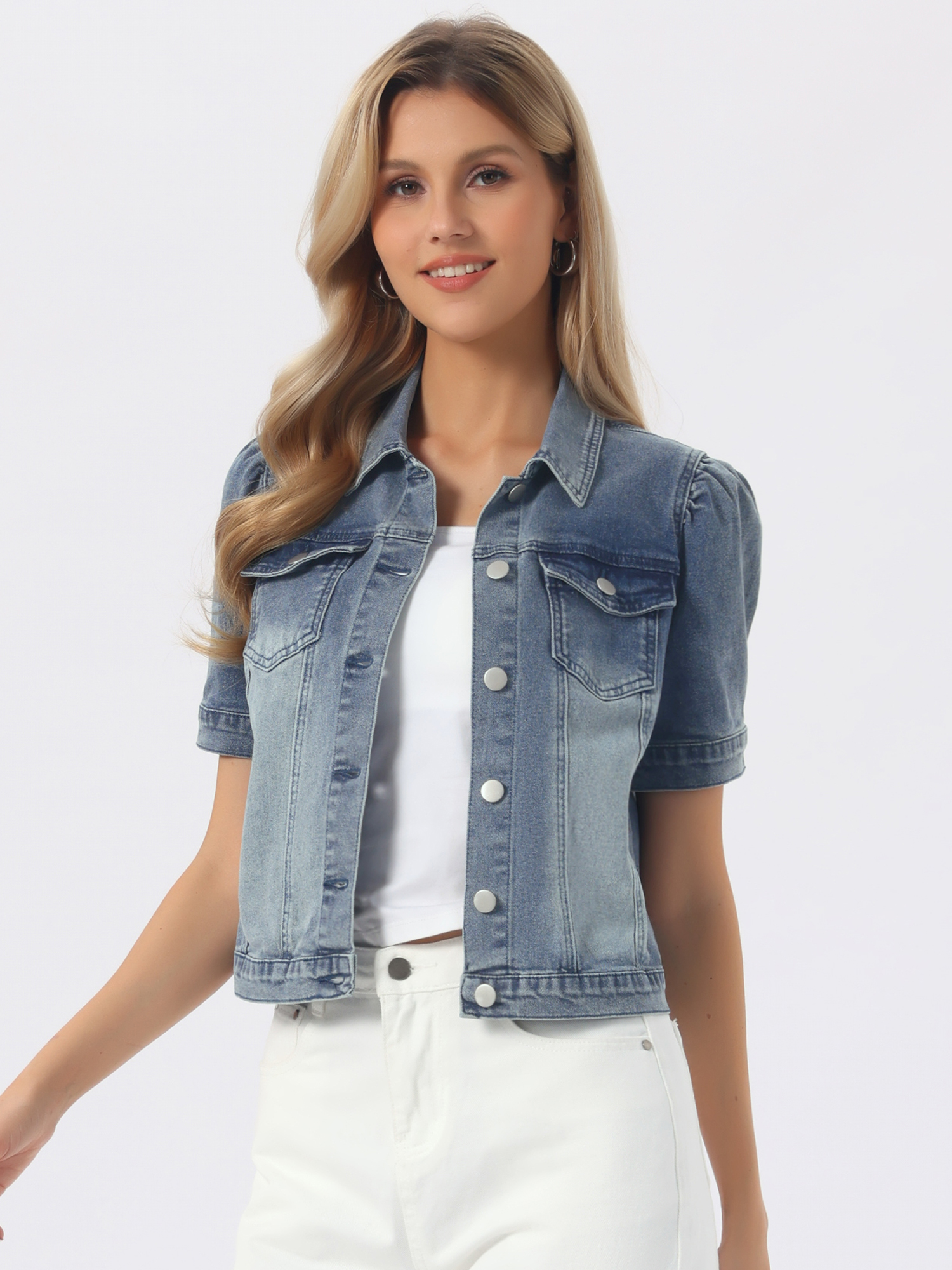 Casual Short Puff Sleeves Button-Down Jean Denim Jacket Grey Blue/XS