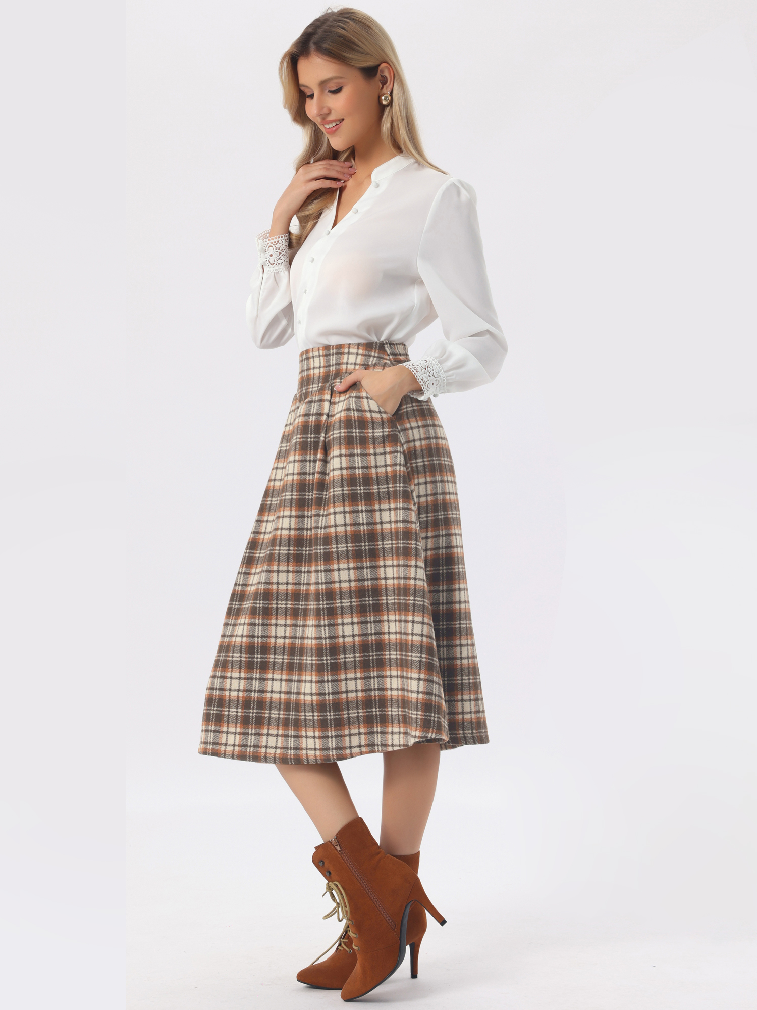 Plaid Vintage Pocketed Midi A-Line Skirt Brown/XL