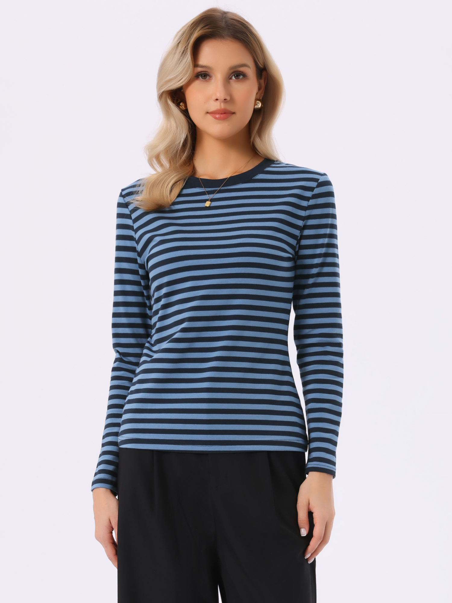Striped Long Sleeve Crew Neck Casual Tops Black Blue Stripe/M