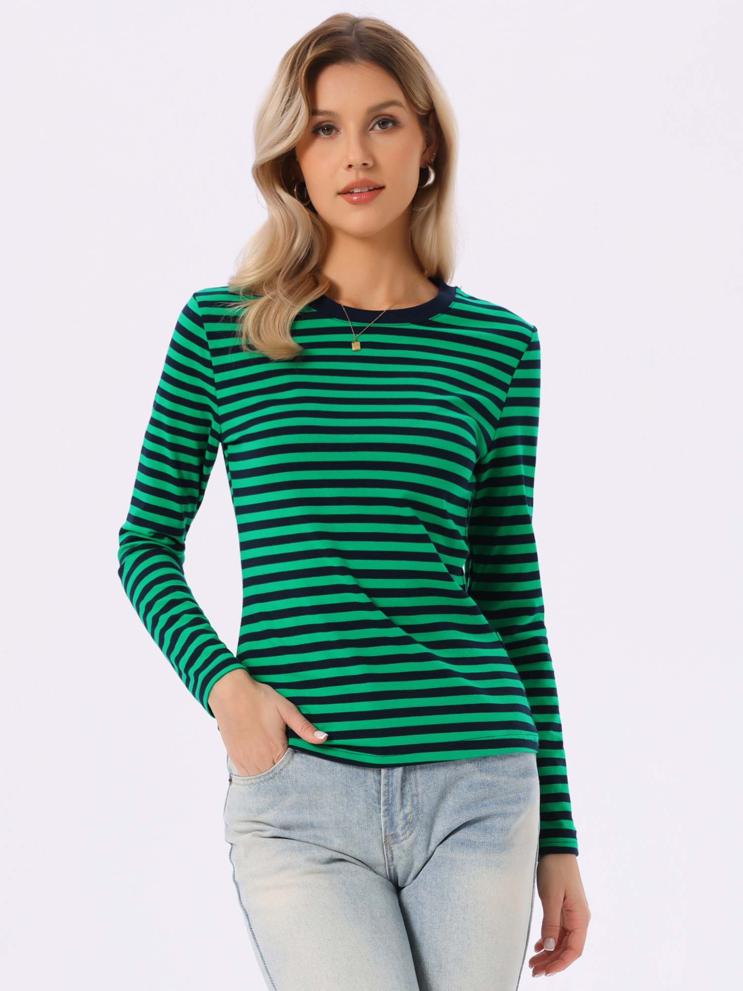Striped Long Sleeve Crew Neck Casual Tops Green Striped/L