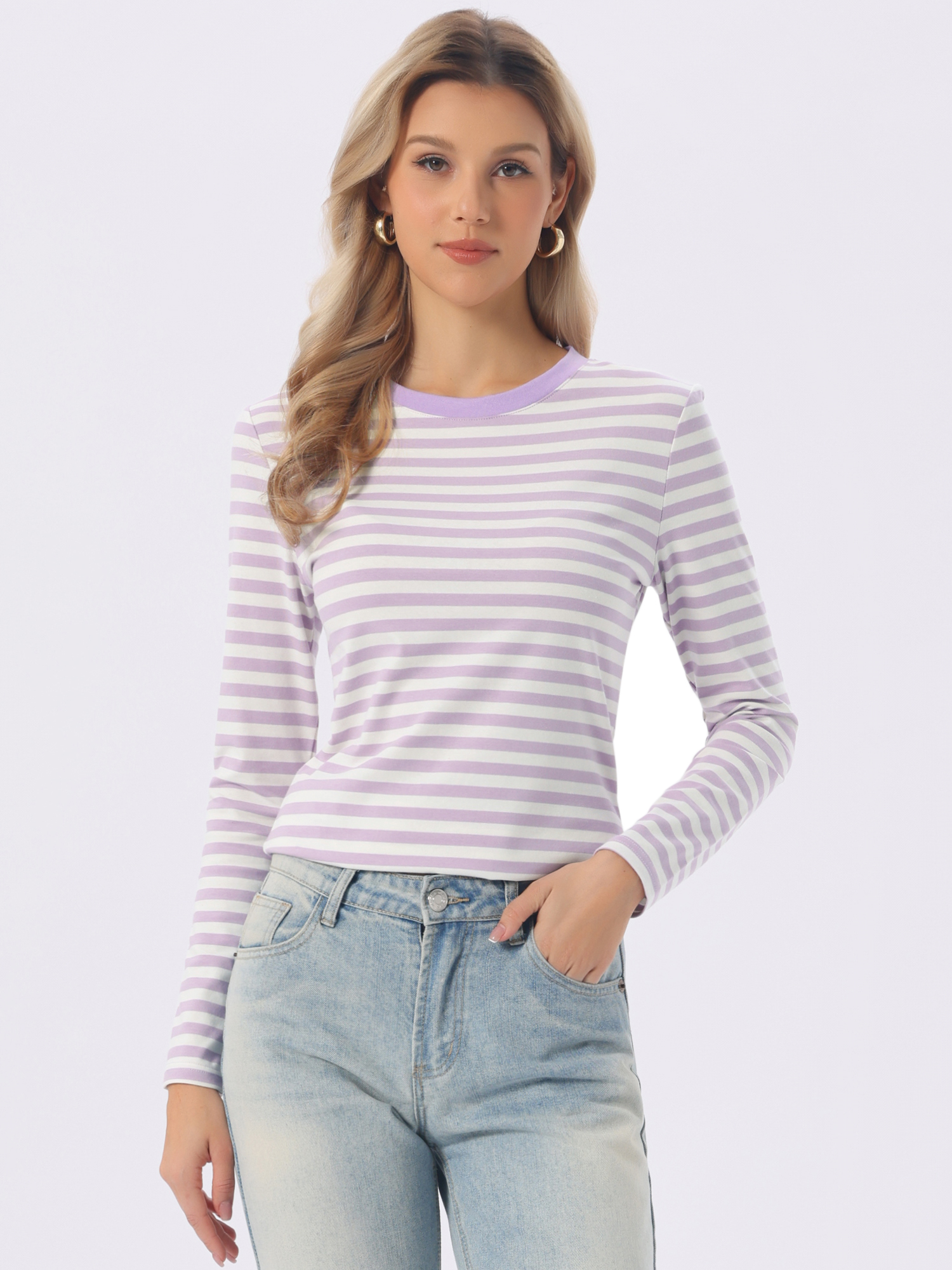 Striped Long Sleeve Crew Neck Casual Tops Light Purple Stripe/M