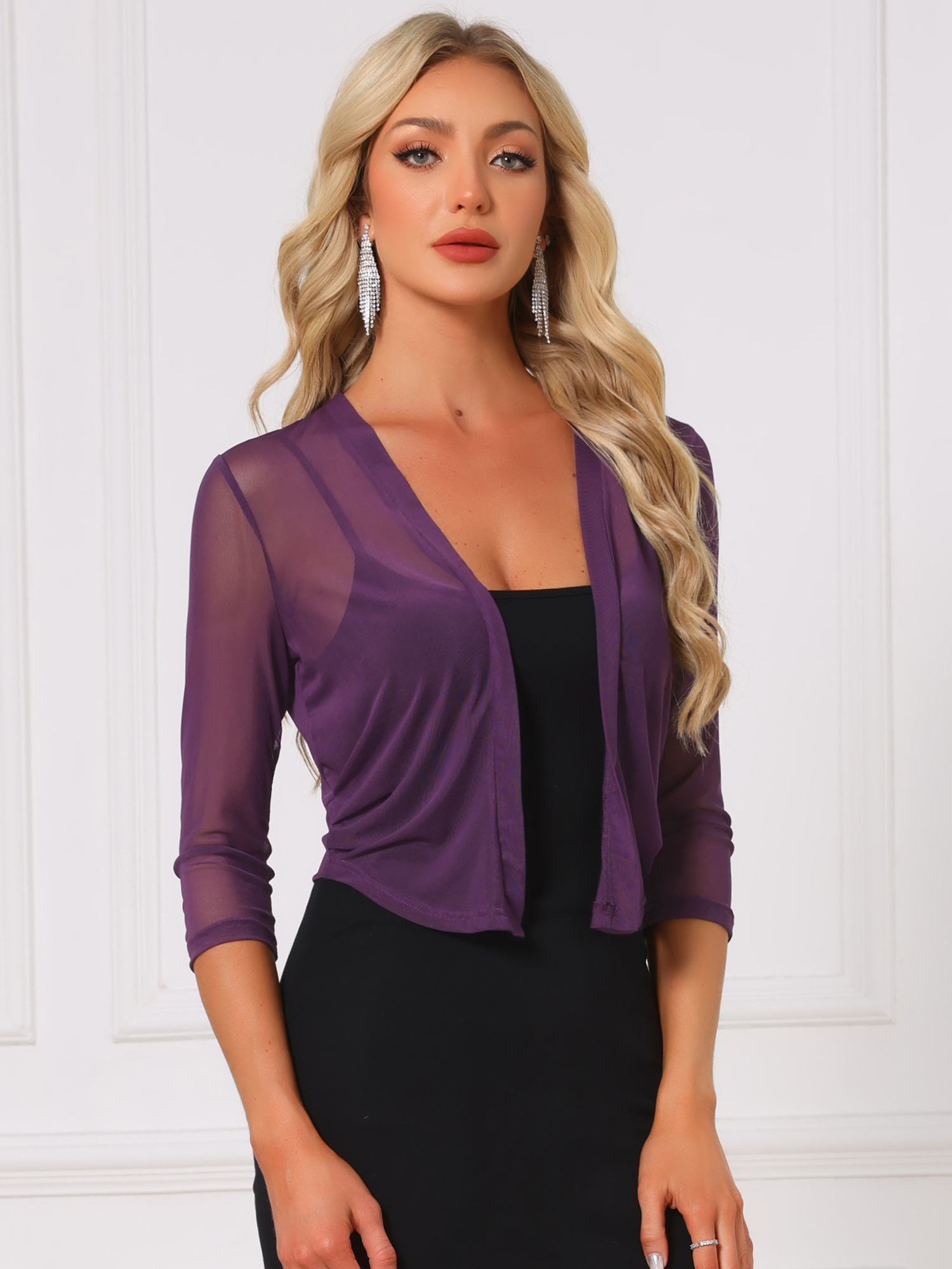 Chiffon 3/4 Sleeve Open Front Bolero Mesh Sheer Shrug Dark Purple/S