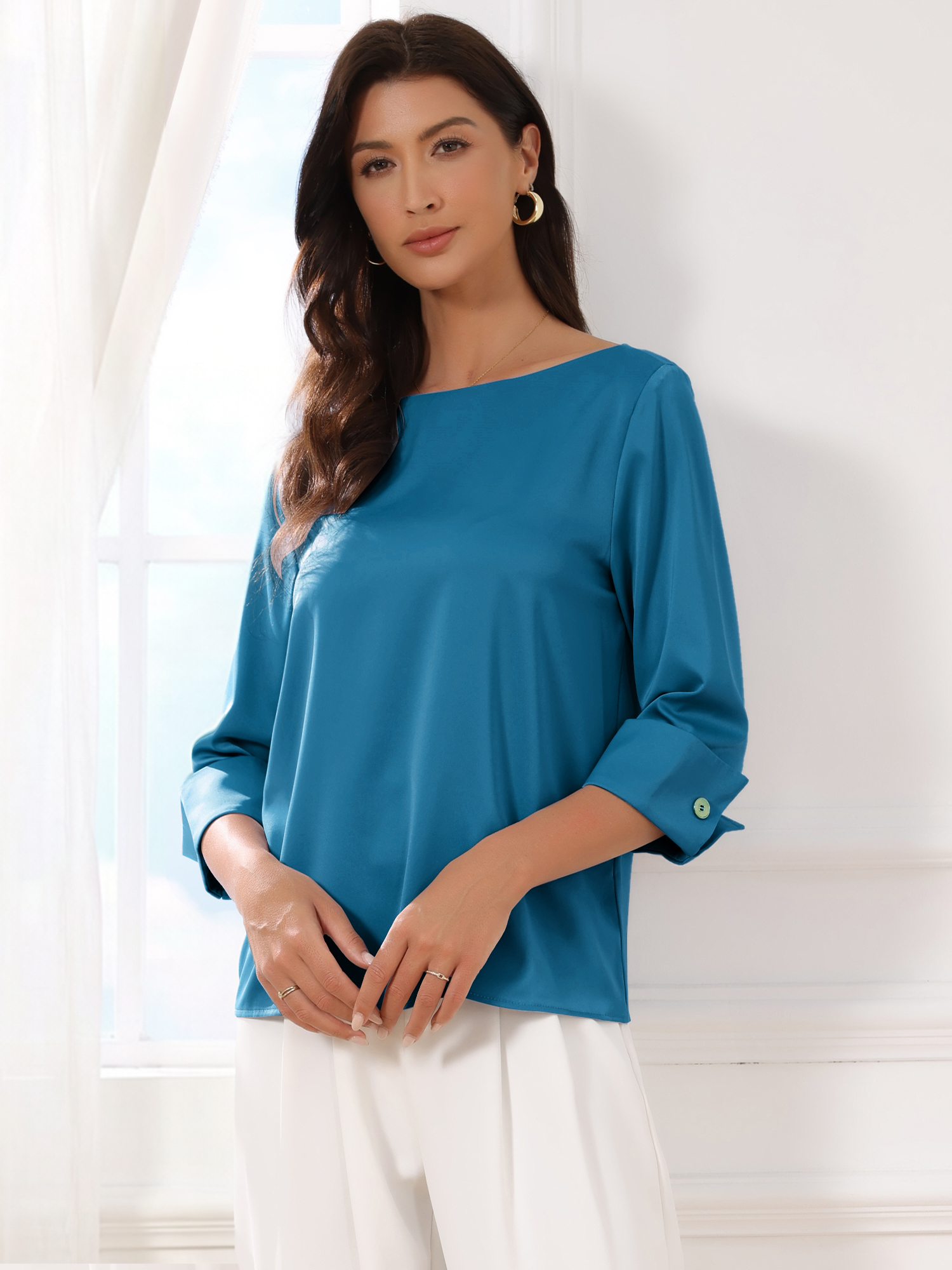 Dressy Casual Boat Neck 3/4 Sleeve Work Satin Blouse Peacock Blue/XS