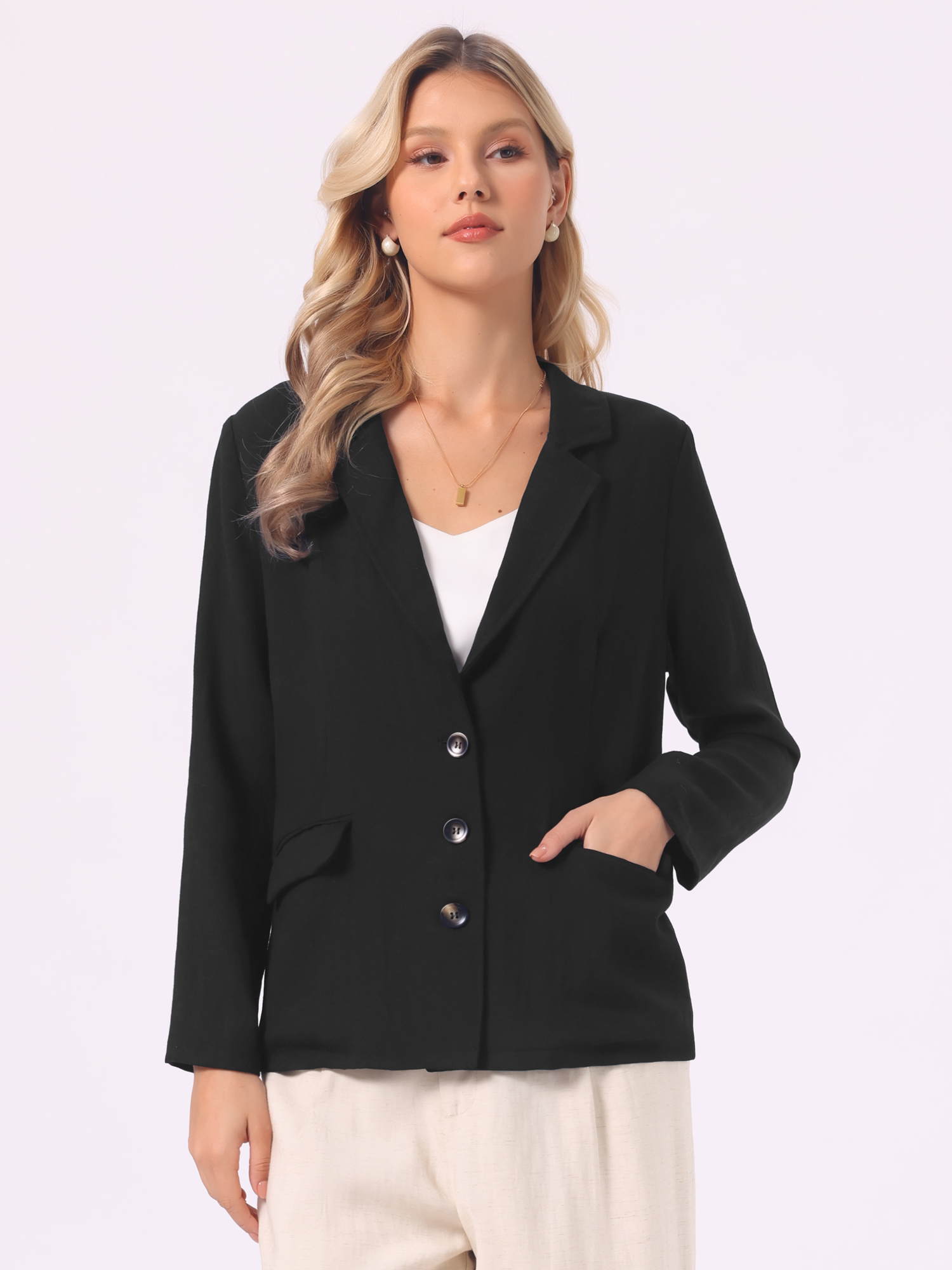 Linen Lapel Collar Long Sleeve Lightweight Business Blazer Black/M