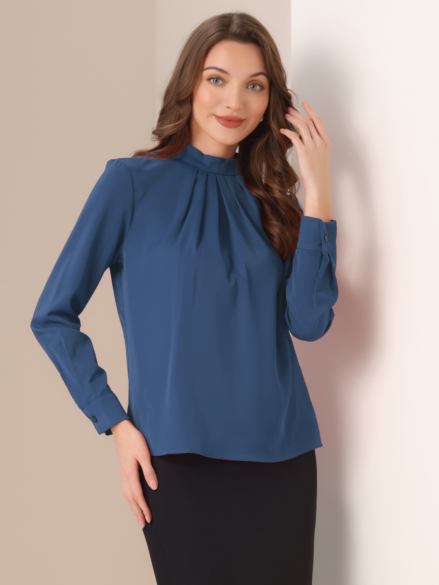 Stand Collar Chiffon Long Sleeve Business Casual Work Blouse Navy Blue/L