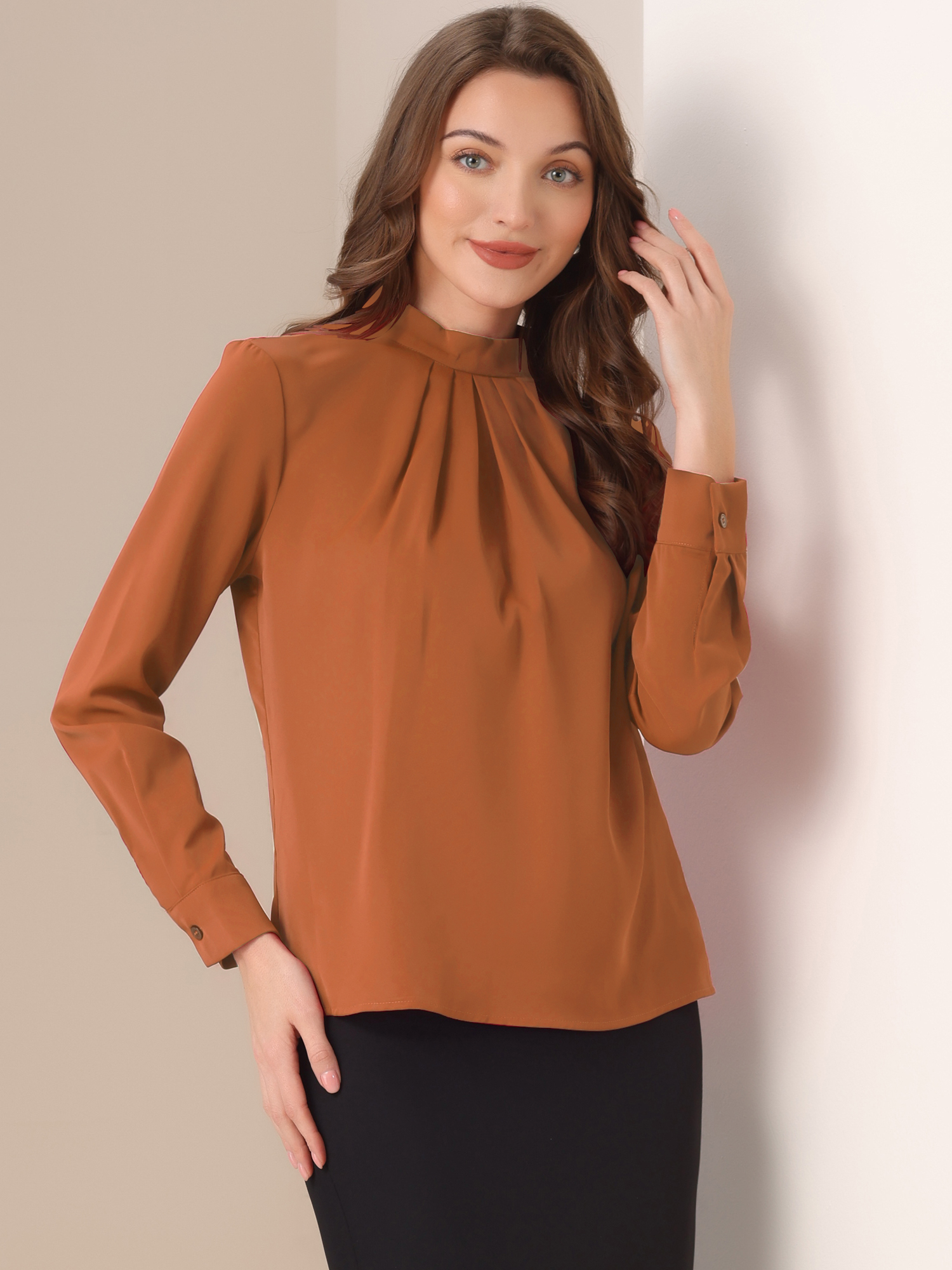 Stand Collar Chiffon Long Sleeve Business Casual Work Blouse Caramel/M