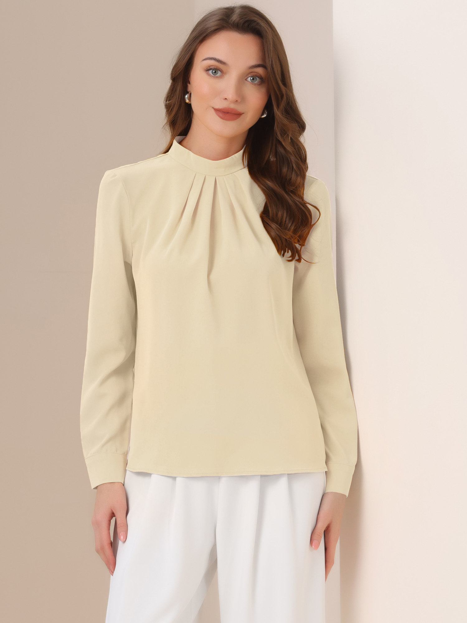 Stand Collar Chiffon Long Sleeve Business Casual Work Blouse Apricot/L