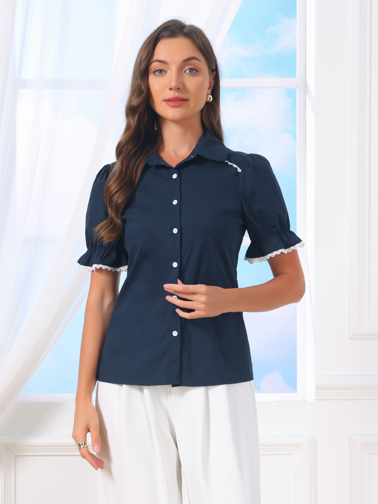 Vintage Peter Pan Collar Blouse Short Sleeve Button Down Shirt Navy Blue/XS