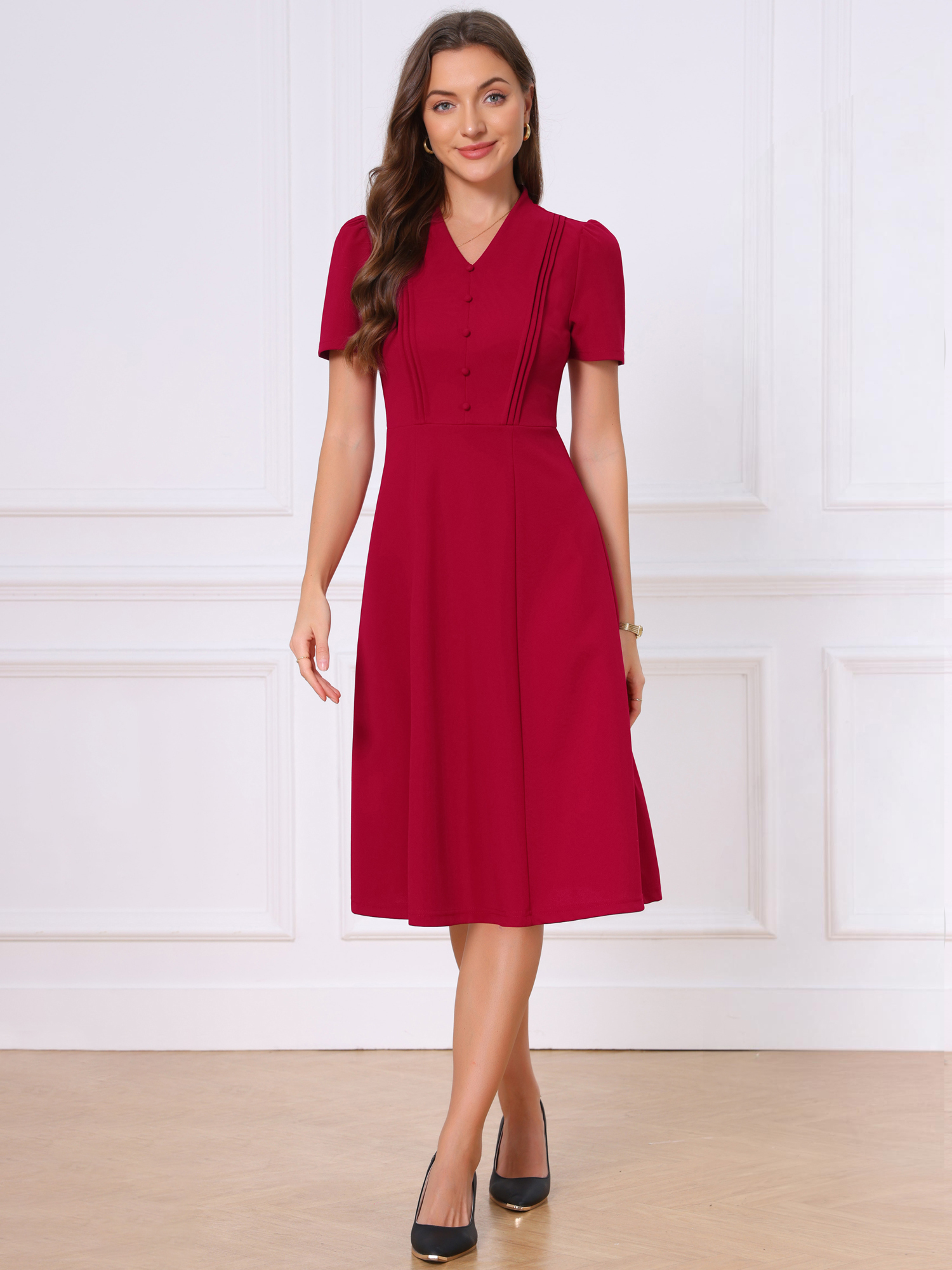Short Sleeve V Neck Button Decro A-Line Business Casual Dress Wine Red/M