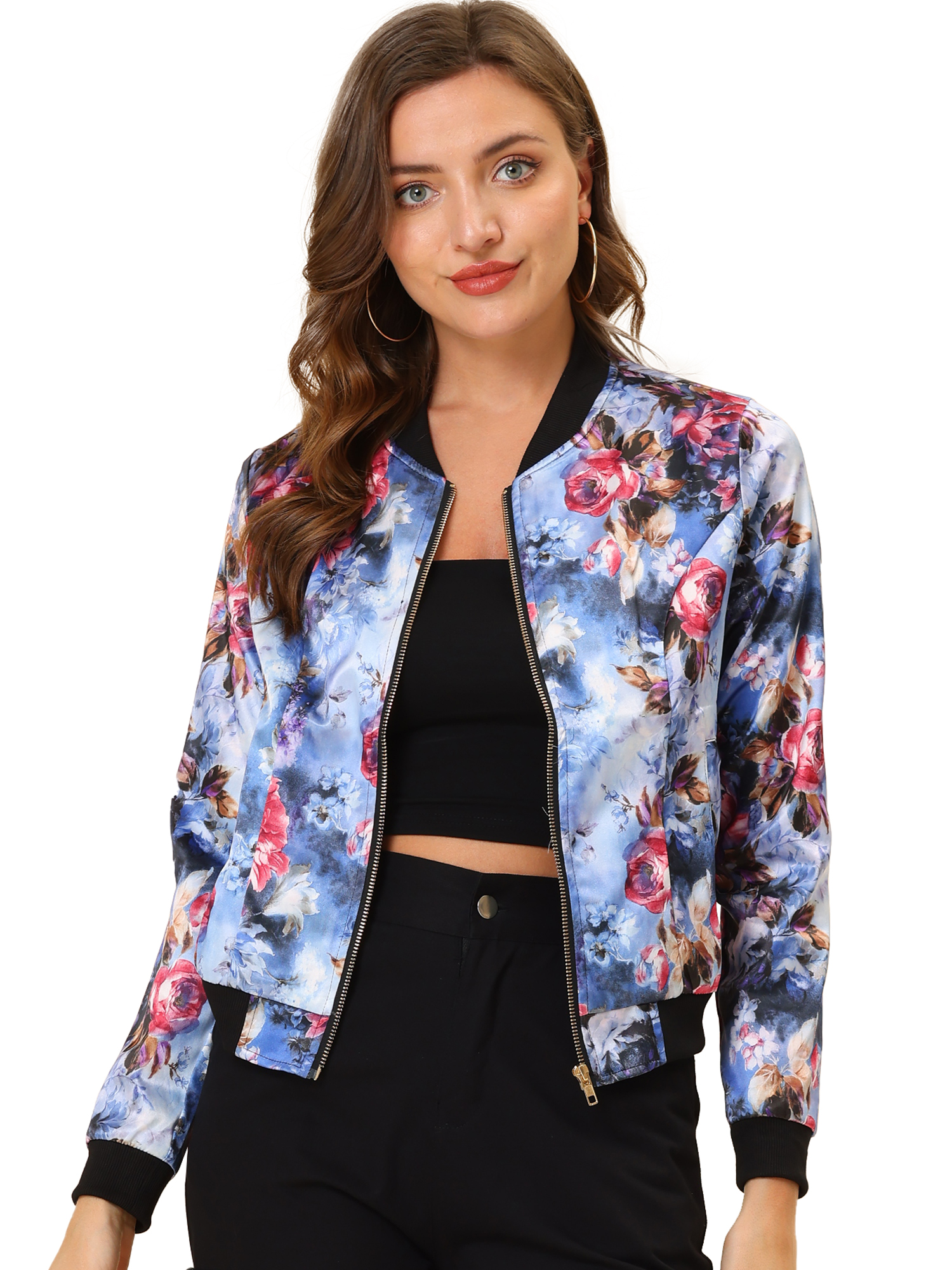 Stand Collar Floral Print Zip Up Bomber Jacket Blue/S