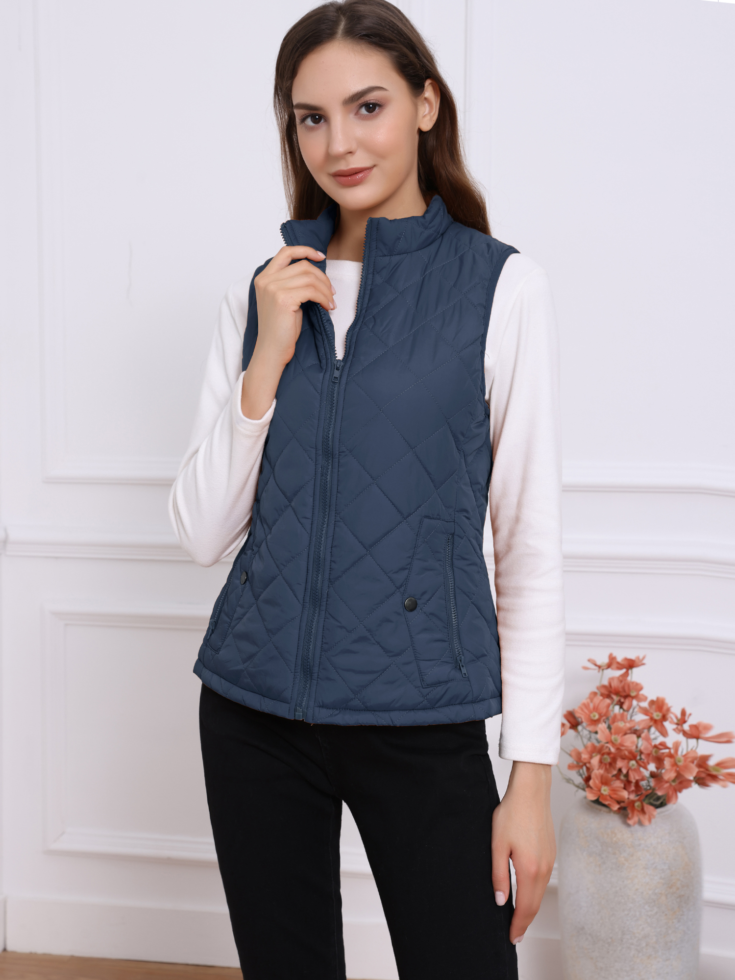 Stand Collar Lightweight Gilet Quilted Zipper Vest Dark Blue/M