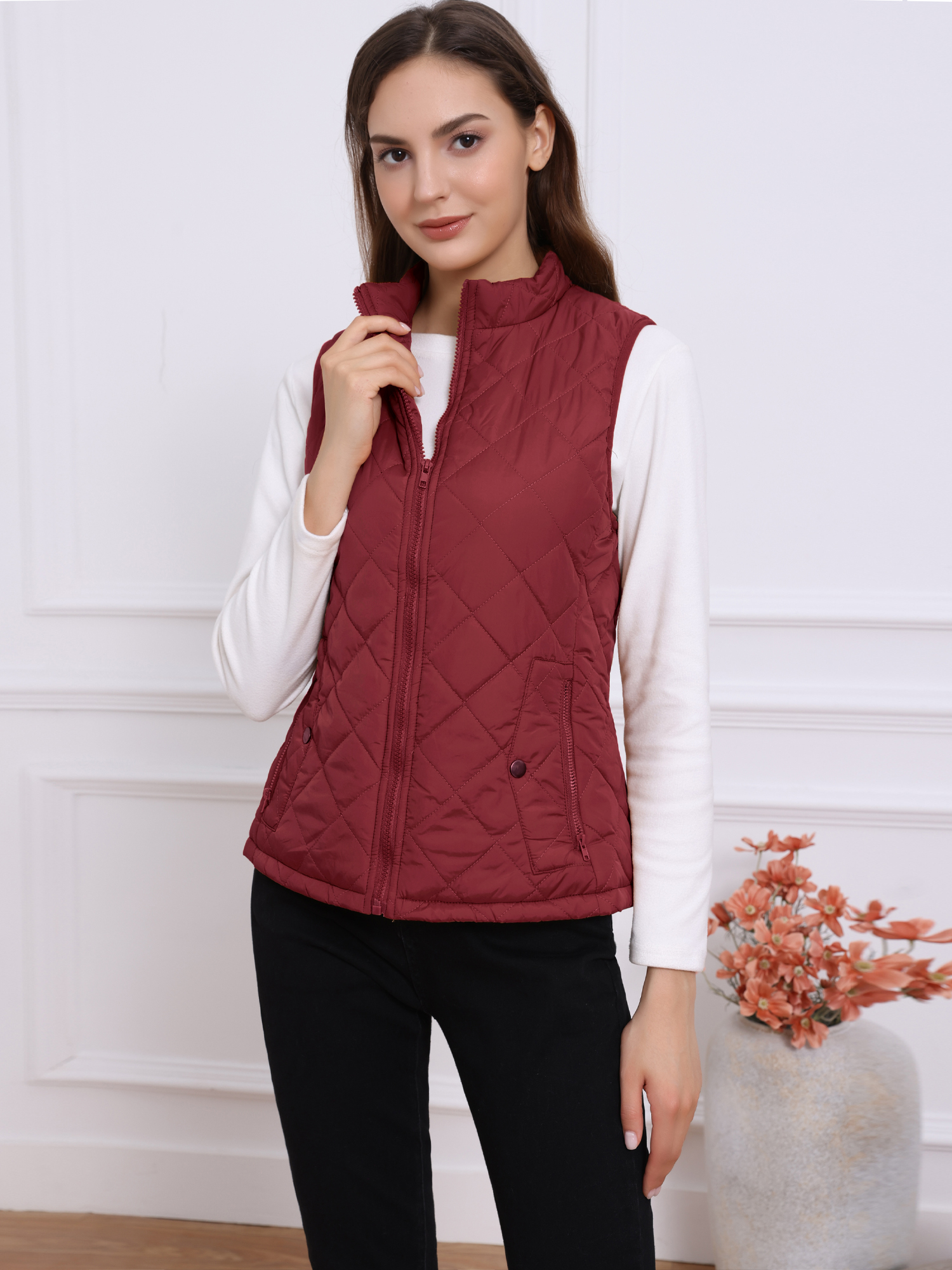 Stand Collar Lightweight Gilet Quilted Zipper Vest Wine Red/L