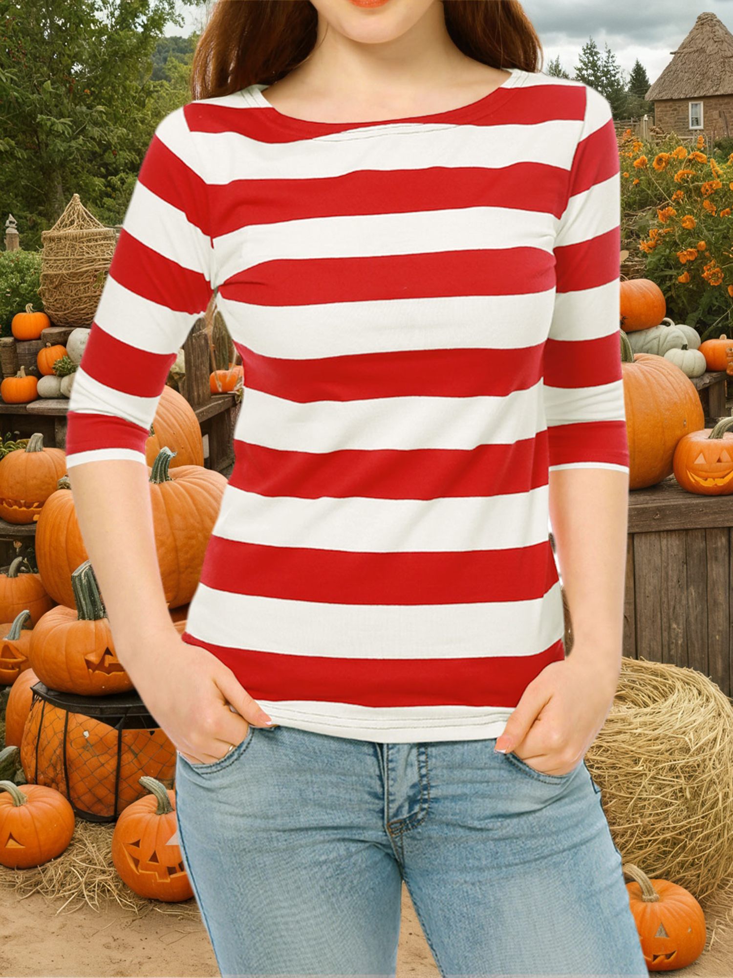 Striped 3/4 Sleeve Casual Basic Boat Neck T-shirt Red/XS