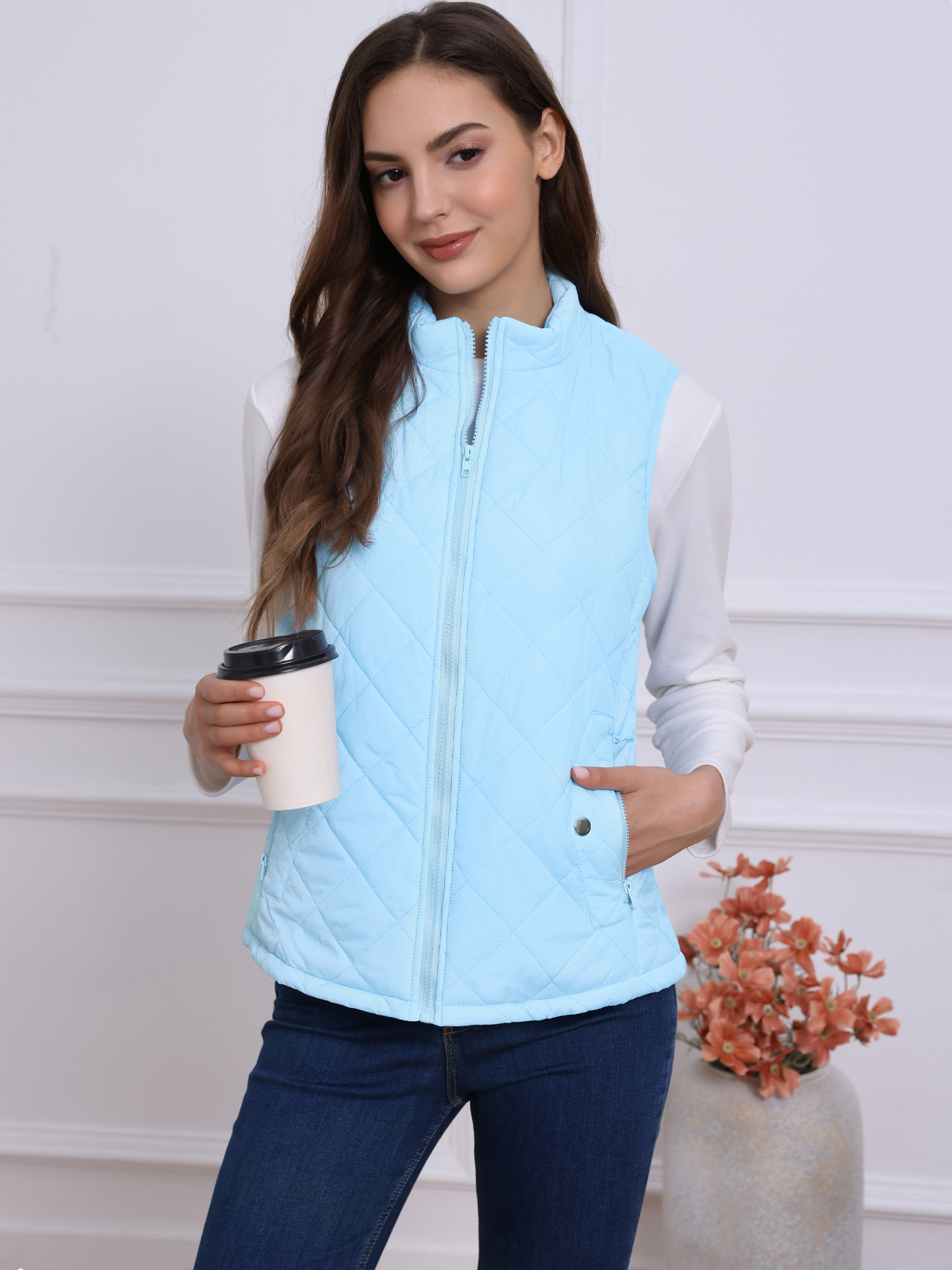 Stand Collar Lightweight Gilet Quilted Zipper Vest Baby Blue/XS