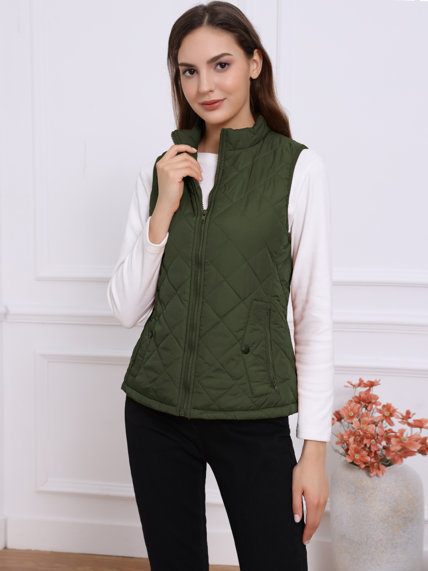 Stand Collar Lightweight Gilet Quilted Zipper Vest Green/M