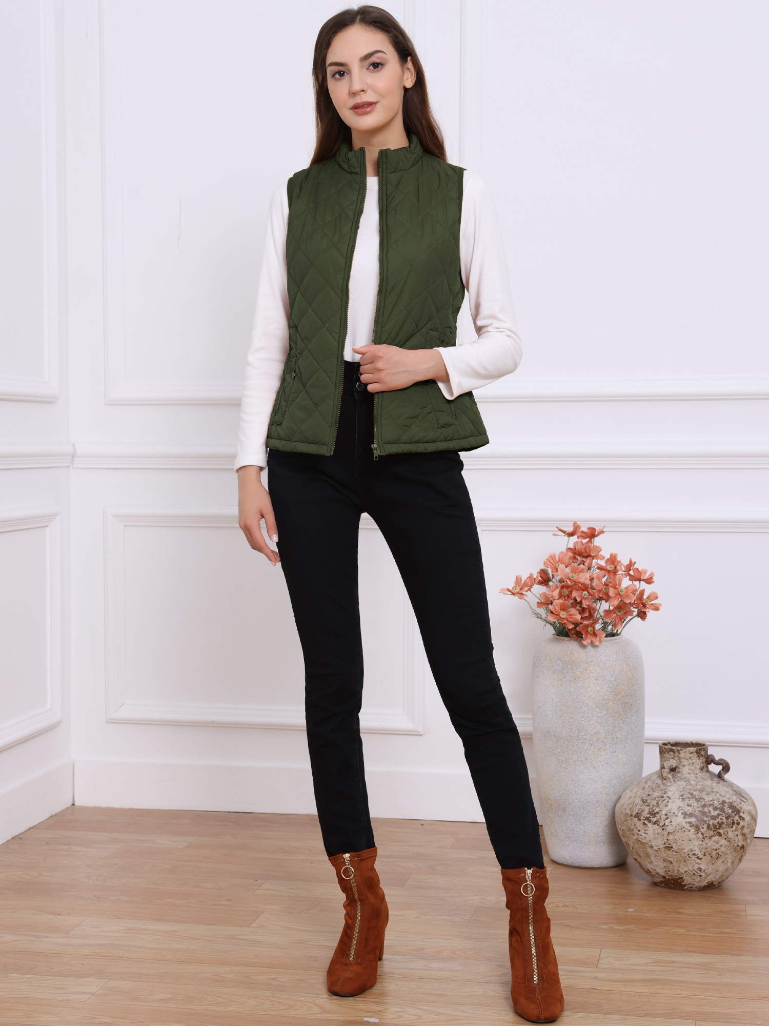 Stand Collar Lightweight Gilet Quilted Zipper Vest Green/M