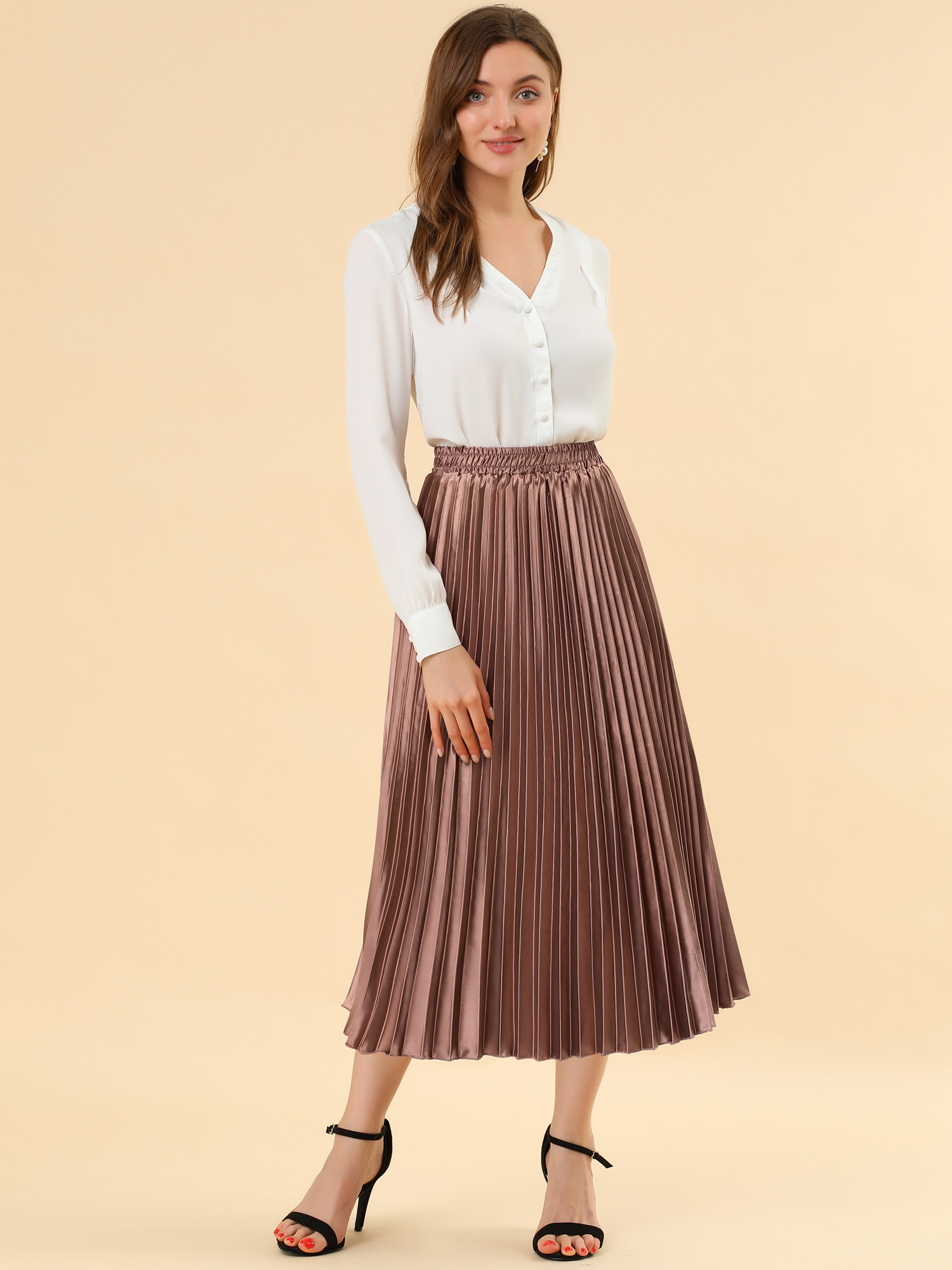 Elastic Waist Metallic Shiny Accordion Pleated Midi Skirt Copper/M