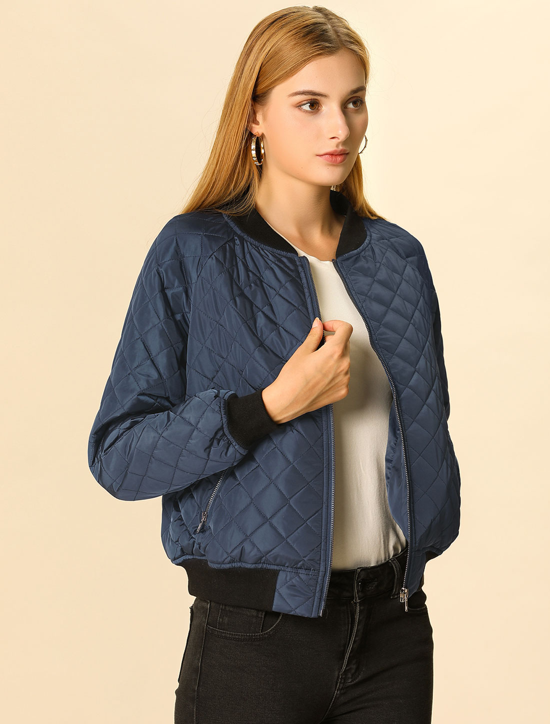 Casual Zip Up Raglan Long Sleeve Quilted Bomber Jacket Blue/S