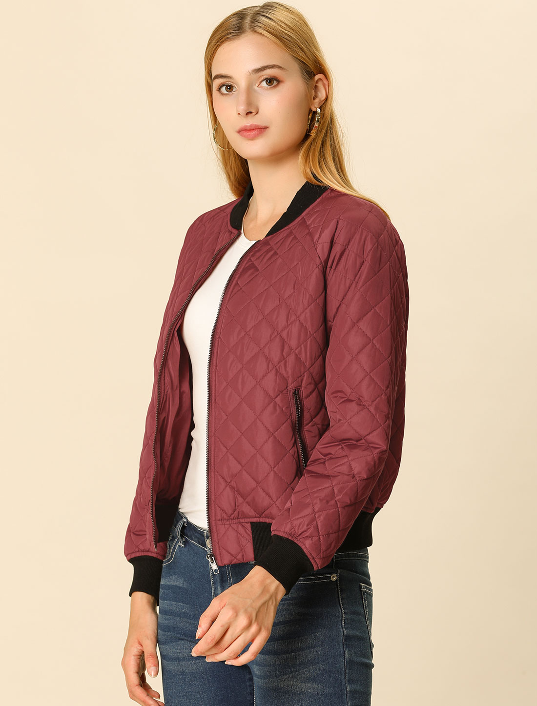 Casual Zip Up Raglan Long Sleeve Quilted Bomber Jacket Red/XS