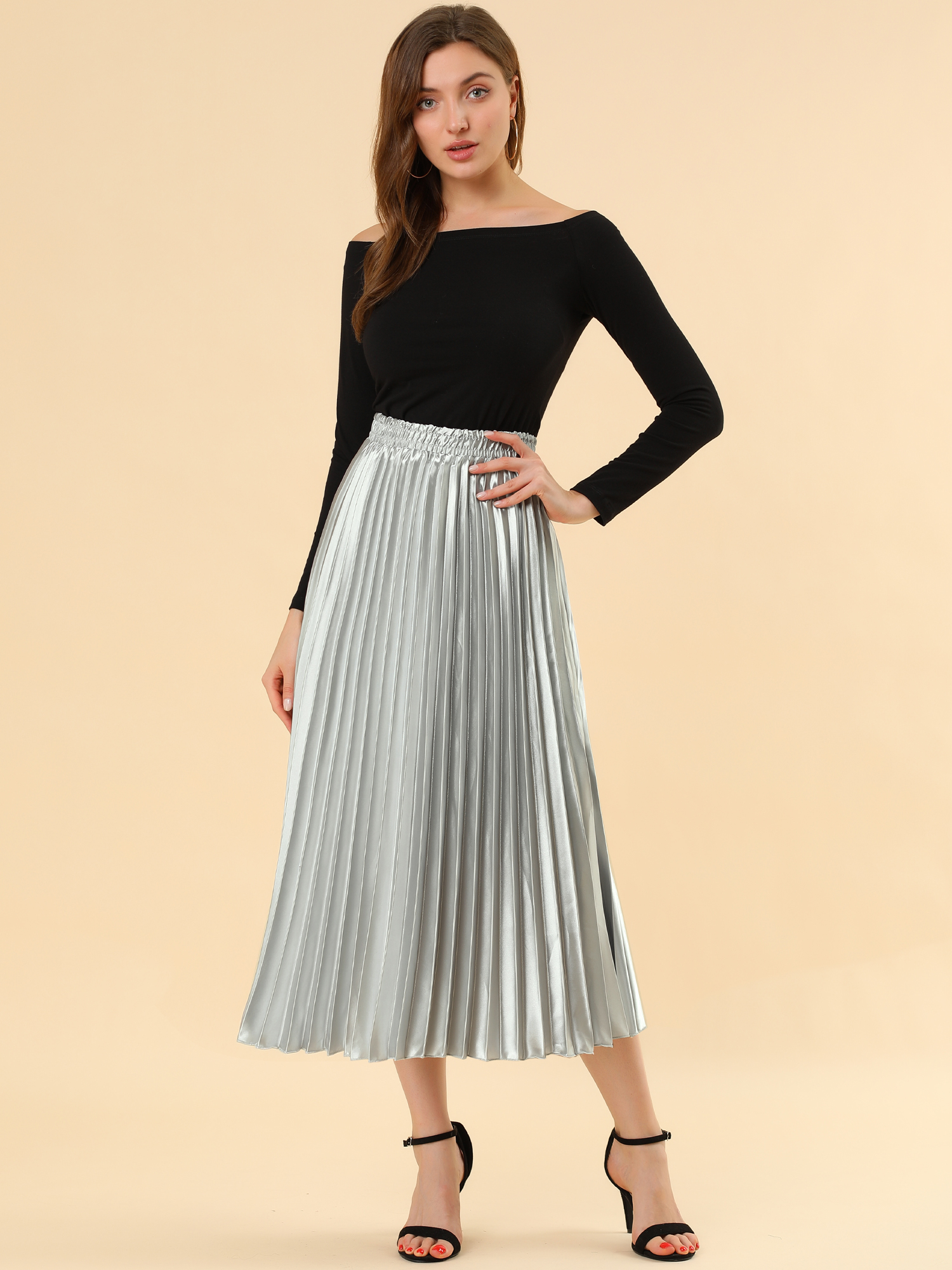 Elastic Waist Metallic Shiny Accordion Pleated Midi Skirt Silver Tone/XS