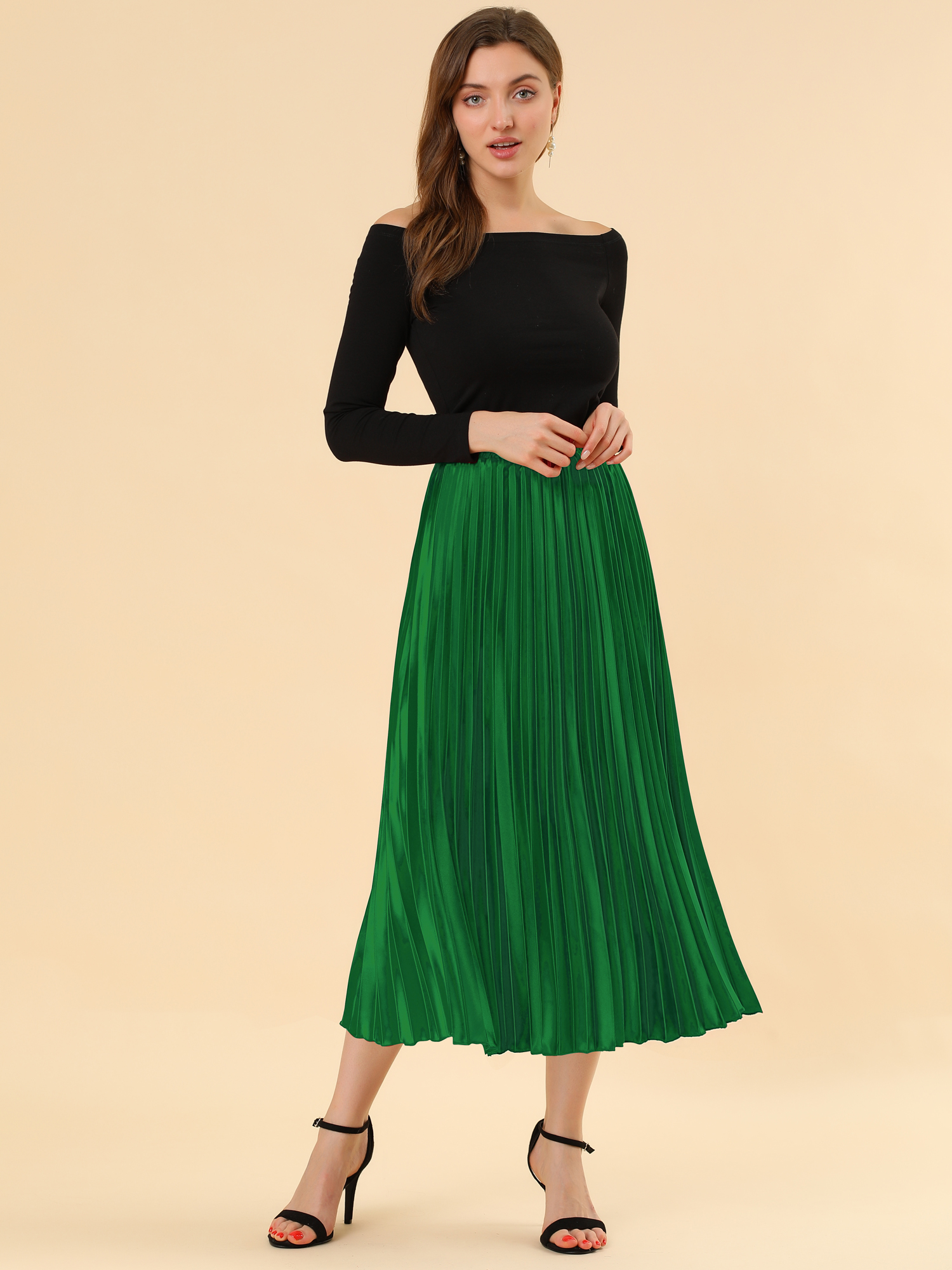 Elastic Waist Metallic Shiny Accordion Pleated Midi Skirt Green/S