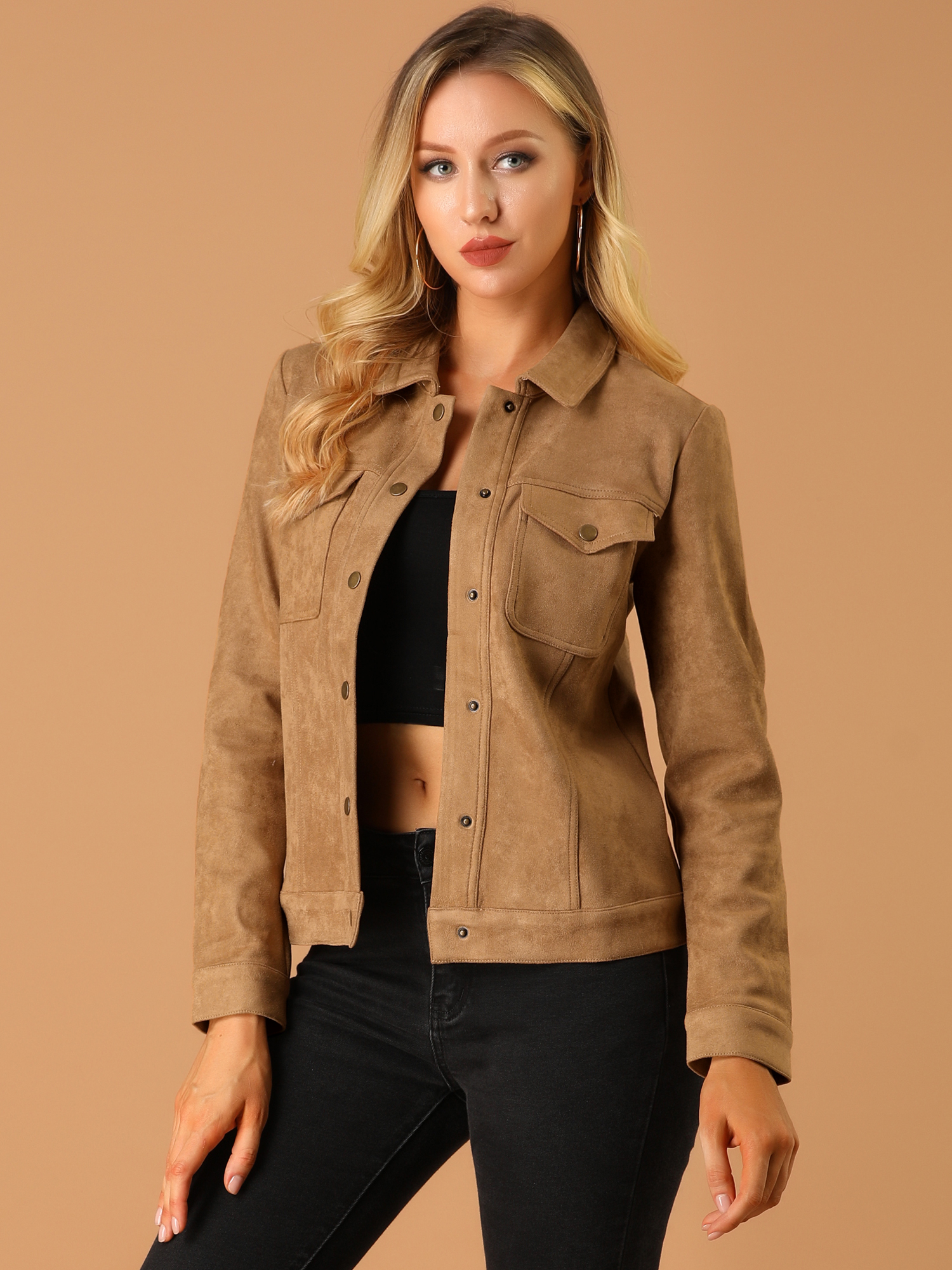 Faux Suede Turn-Down Collar Flap Pocket Snap Button Jacket Brown/S