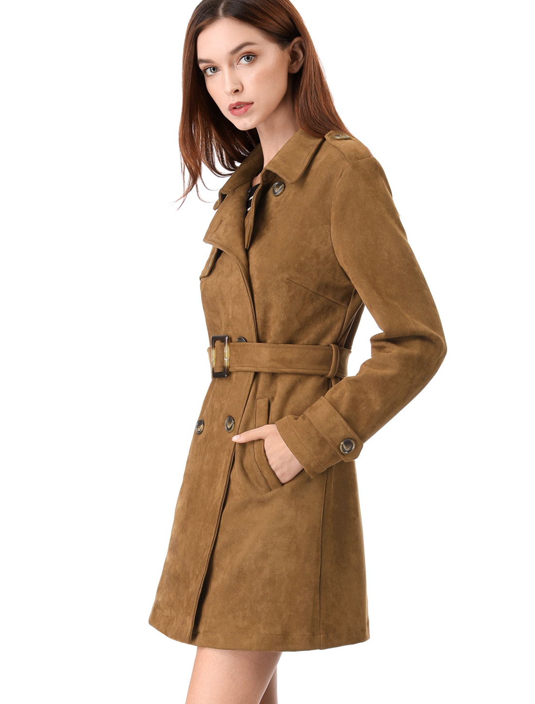 Allegra – Notched Lapel Double Breasted Faux Suede Trench Coat Jacket with Belt Brown/S