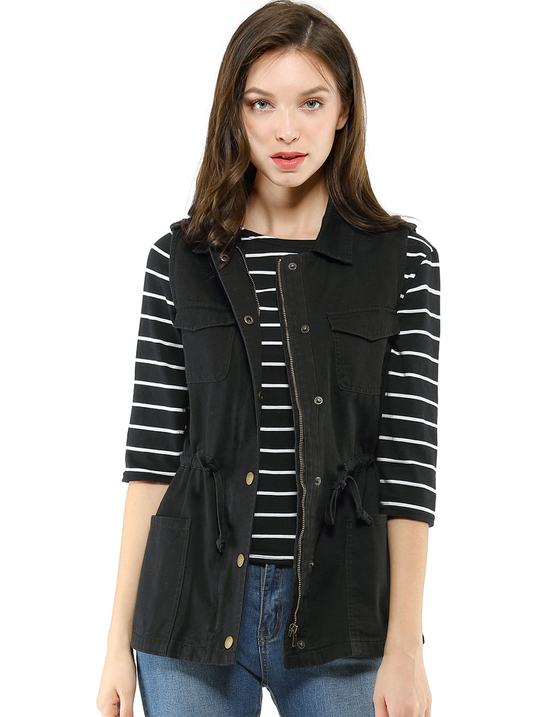 Zip Up Sleeveless Jacket Utility Anorak Outwear Cargo Vest Black/L