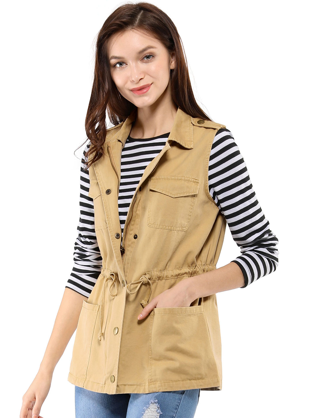 Zip Up Sleeveless Jacket Utility Anorak Outwear Cargo Vest Khaki/L